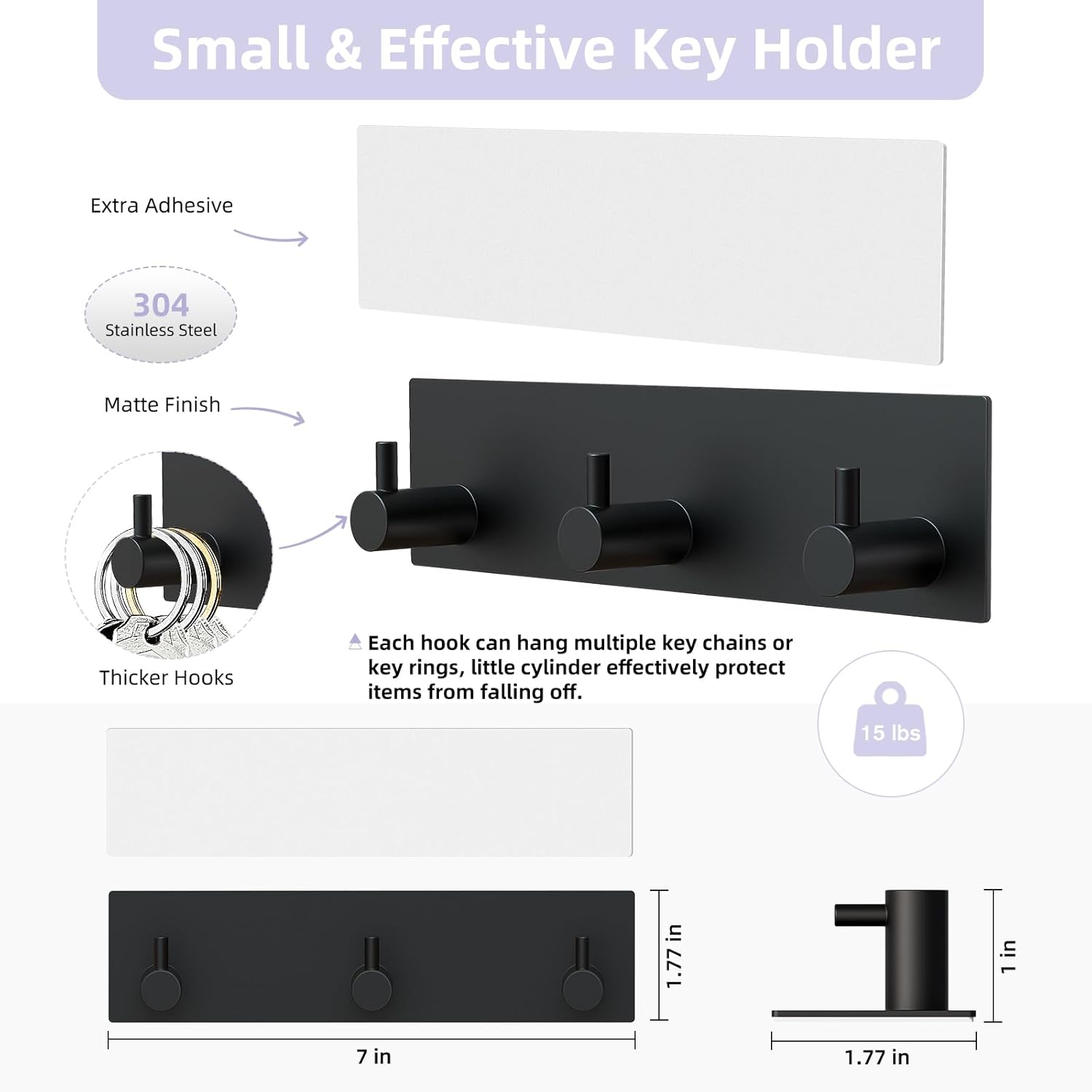 Key Holder Wall Mount, Small Metal Self Adhesive Key Hanger with 3 Hooks, No Drilling, Extra Adhesive Strip, Black - Image 3