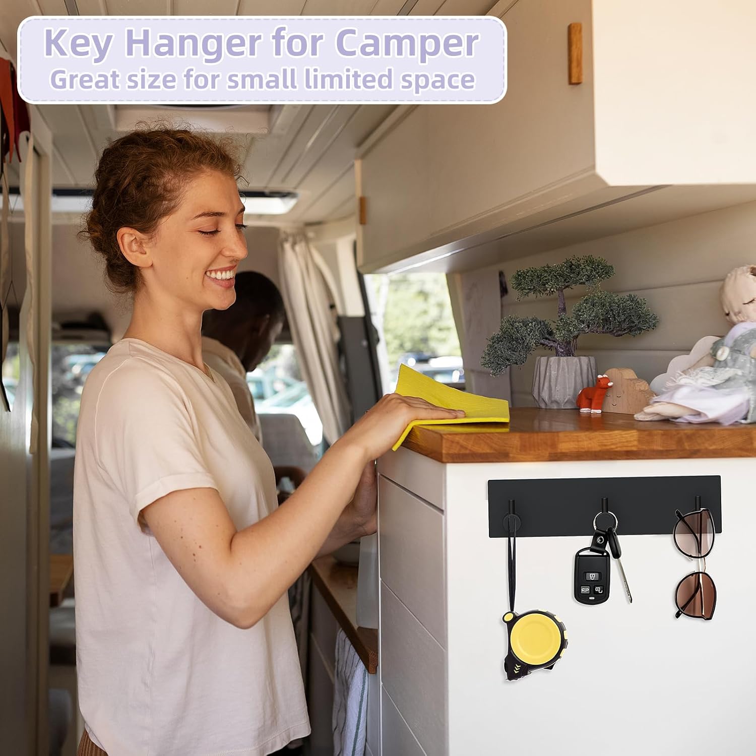Key Holder Wall Mount, Small Metal Self Adhesive Key Hanger with 3 Hooks, No Drilling, Extra Adhesive Strip, Black - Image 5