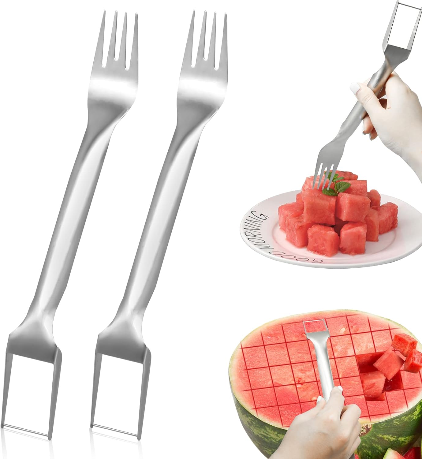 2Pcs Watermelon Fork Slicer Cutter, Stainless Steel 2-in-1 Watermelon Fork Slicer, Portable Watermelon Fork Watermelon Cutter Slicer Tool Fruit Forks Slicer for Home Party Camping Kitchen Gadget - Image 1