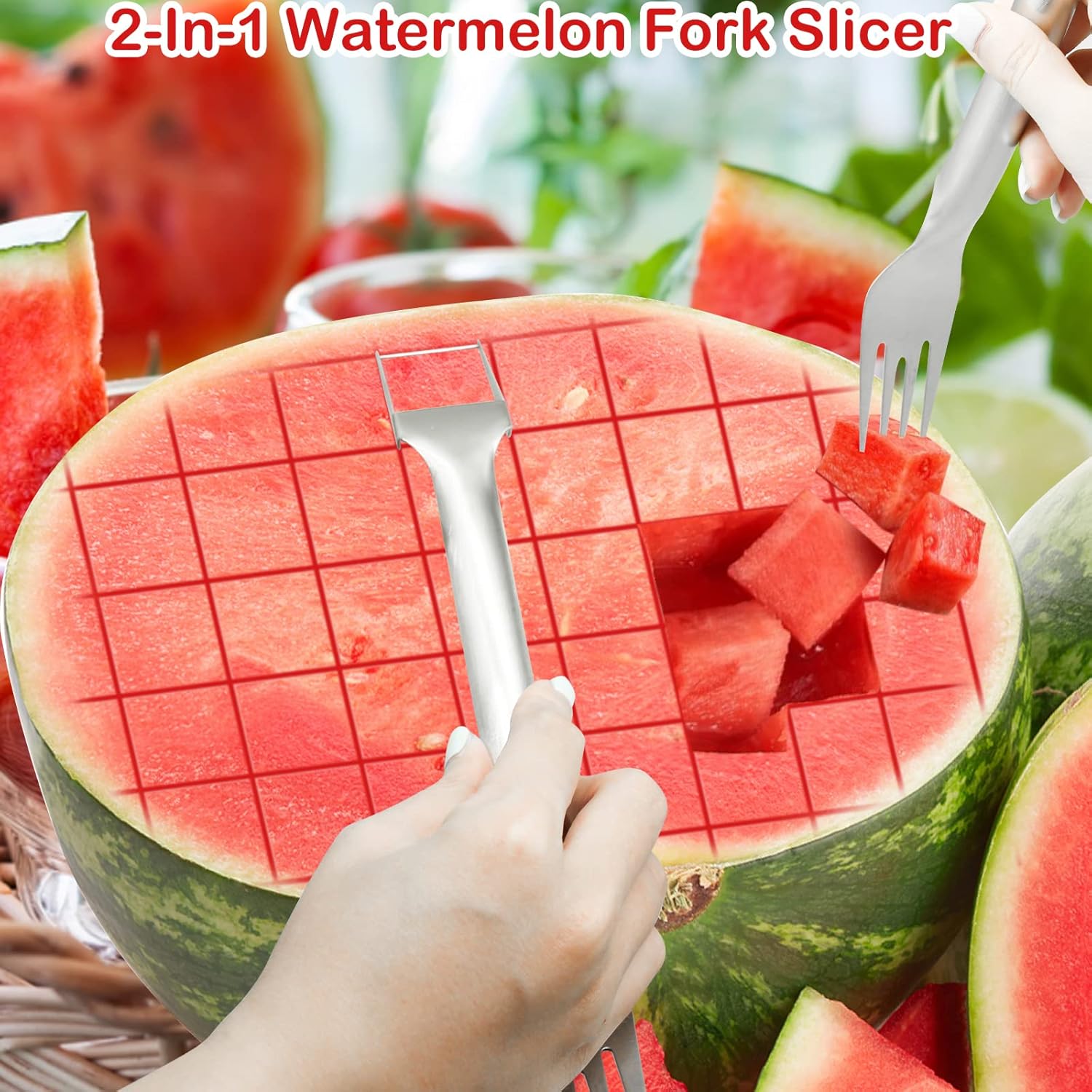 2Pcs Watermelon Fork Slicer Cutter, Stainless Steel 2-in-1 Watermelon Fork Slicer, Portable Watermelon Fork Watermelon Cutter Slicer Tool Fruit Forks Slicer for Home Party Camping Kitchen Gadget - Image 2