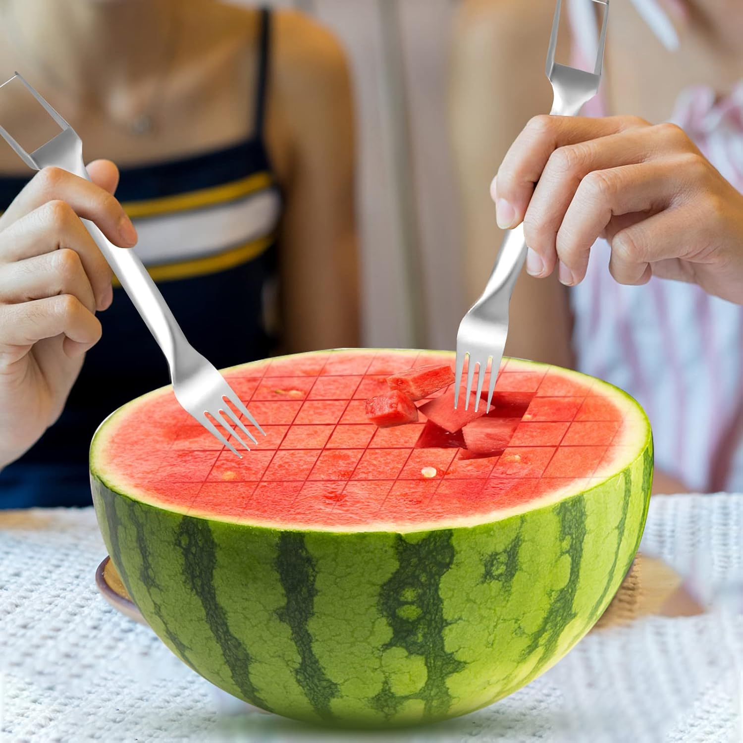 2Pcs Watermelon Fork Slicer Cutter, Stainless Steel 2-in-1 Watermelon Fork Slicer, Portable Watermelon Fork Watermelon Cutter Slicer Tool Fruit Forks Slicer for Home Party Camping Kitchen Gadget - Image 4