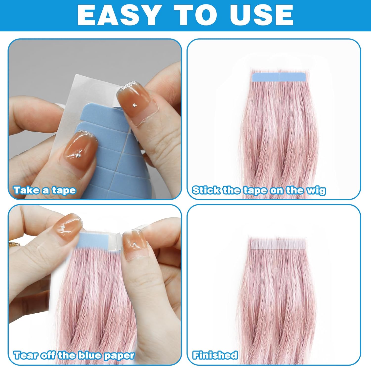 240pcs Beauty Tools Human Hair Tape Extension Replacement, Double Sided Wig Tape (Blue) - Image 5