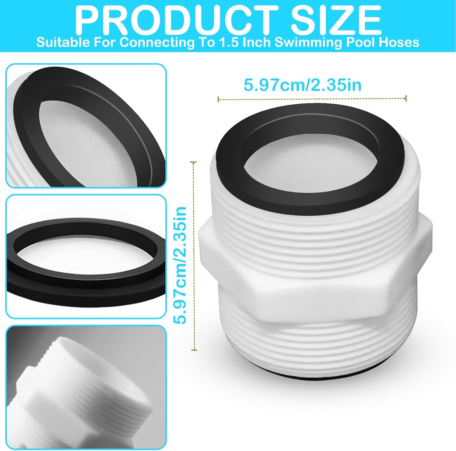 2Pcs 1.5’to 1.5’ Pool Hose Adapter, Pool Hose Connector Coupling Above Ground Pool Hose Adapter Compatible with Intex, Garden Hose Extender with 2 Rings Gaskets for 1.5 Inch Above Ground Pool Hose - Image 2