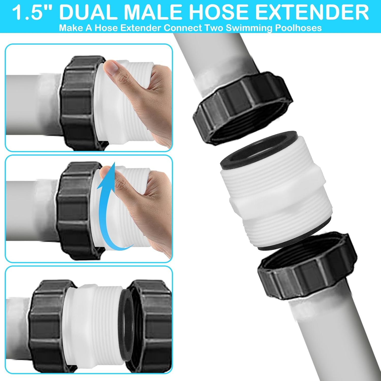 2Pcs 1.5’to 1.5’ Pool Hose Adapter, Pool Hose Connector Coupling Above Ground Pool Hose Adapter Compatible with Intex, Garden Hose Extender with 2 Rings Gaskets for 1.5 Inch Above Ground Pool Hose - Image 5