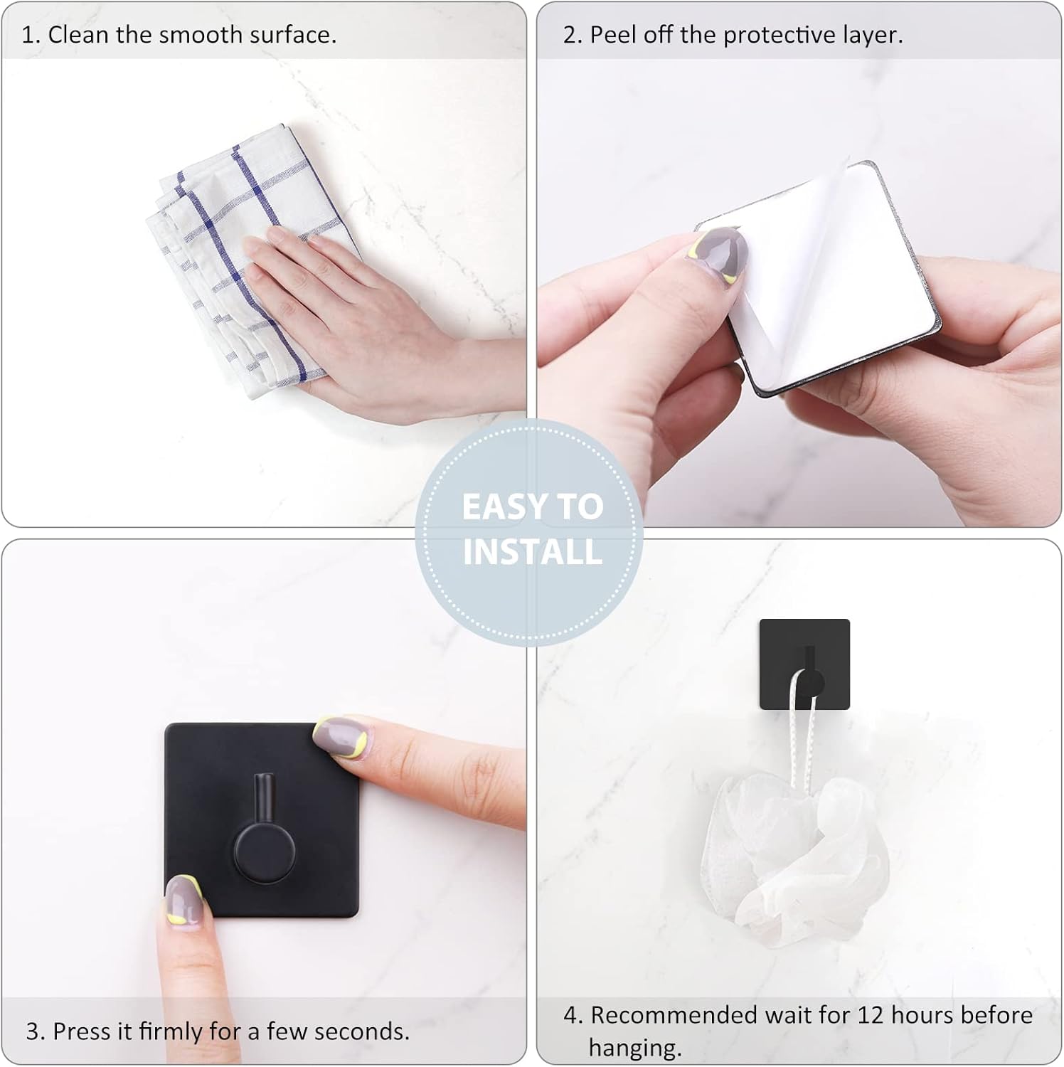 Adhesive Towel Hooks, Waterproof Shower Wall Stick on Hooks, 2 Extra Adhesive Strips, Black, 4 Pcs - Image 7