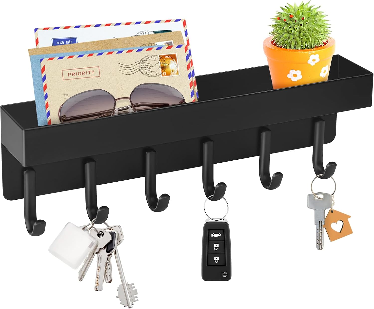 Key Holder Wall Mount, Compact Adhesive Key Rack with Tray, 6 Hooks, 2 Mount Options, Black - Image 1