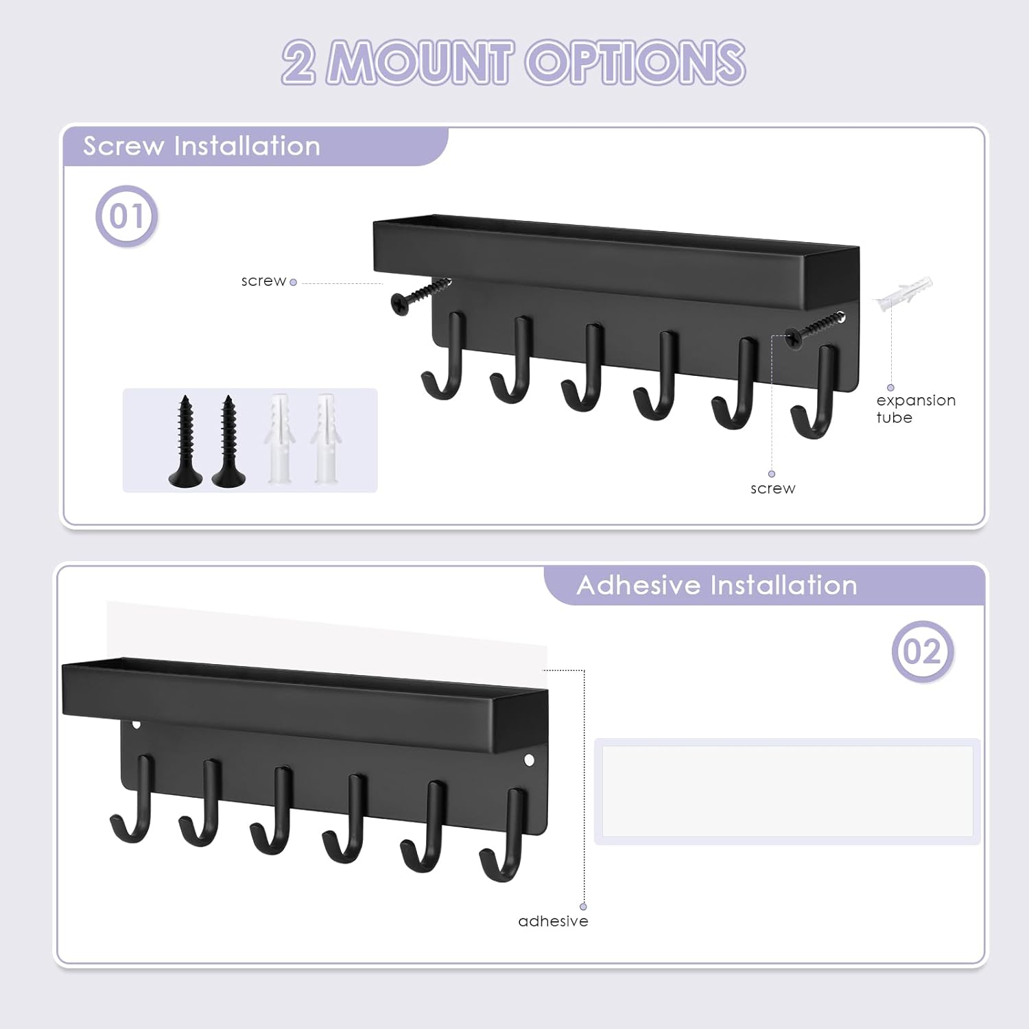 Key Holder Wall Mount, Compact Adhesive Key Rack with Tray, 6 Hooks, 2 Mount Options, Black - Image 2