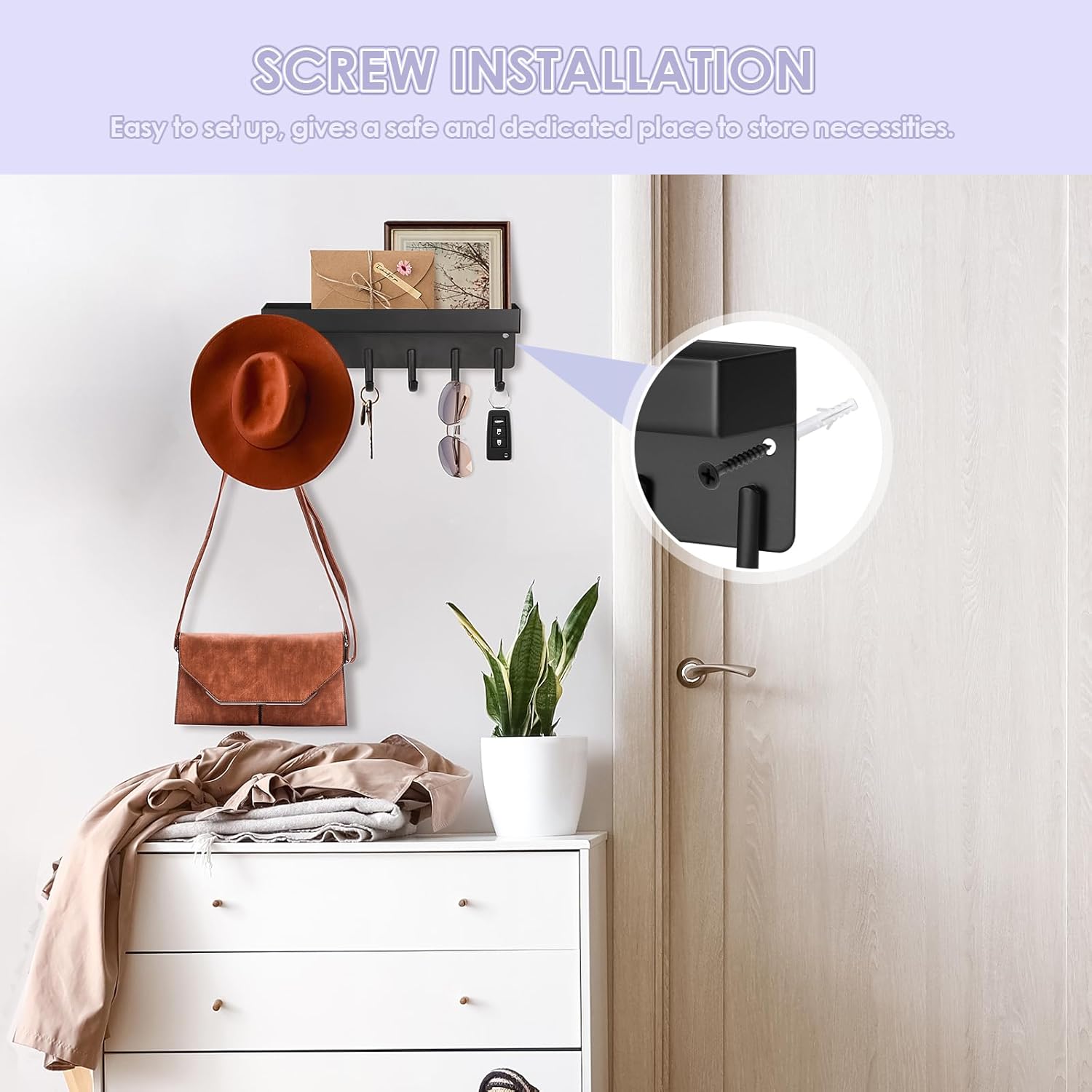 Key Holder Wall Mount, Compact Adhesive Key Rack with Tray, 6 Hooks, 2 Mount Options, Black - Image 3