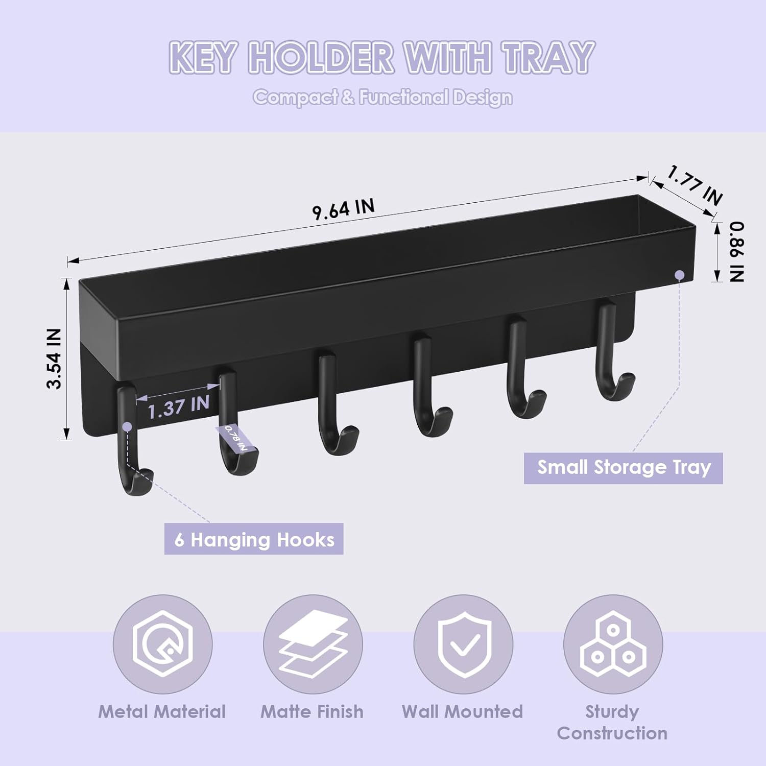 Key Holder Wall Mount, Compact Adhesive Key Rack with Tray, 6 Hooks, 2 Mount Options, Black - Image 5