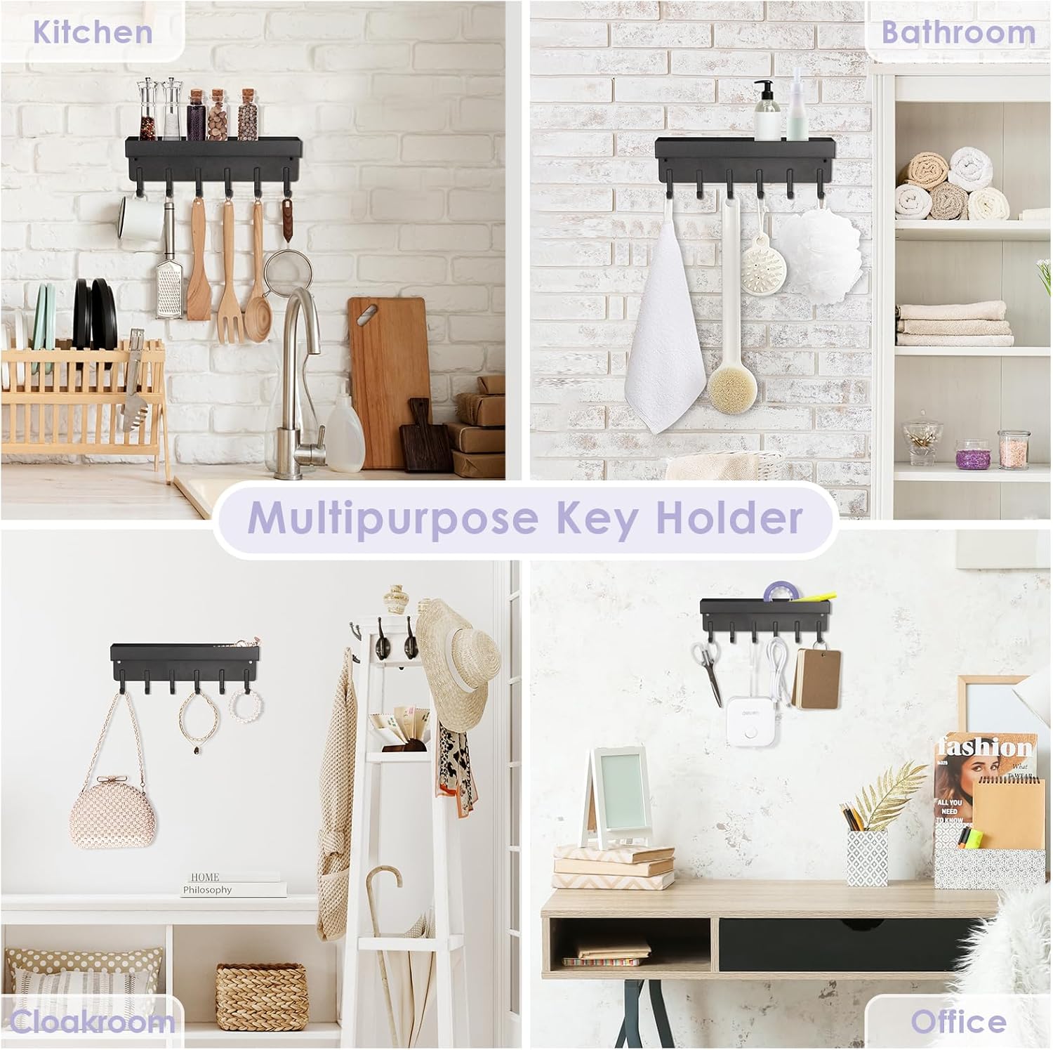 Key Holder Wall Mount, Compact Adhesive Key Rack with Tray, 6 Hooks, 2 Mount Options, Black - Image 7