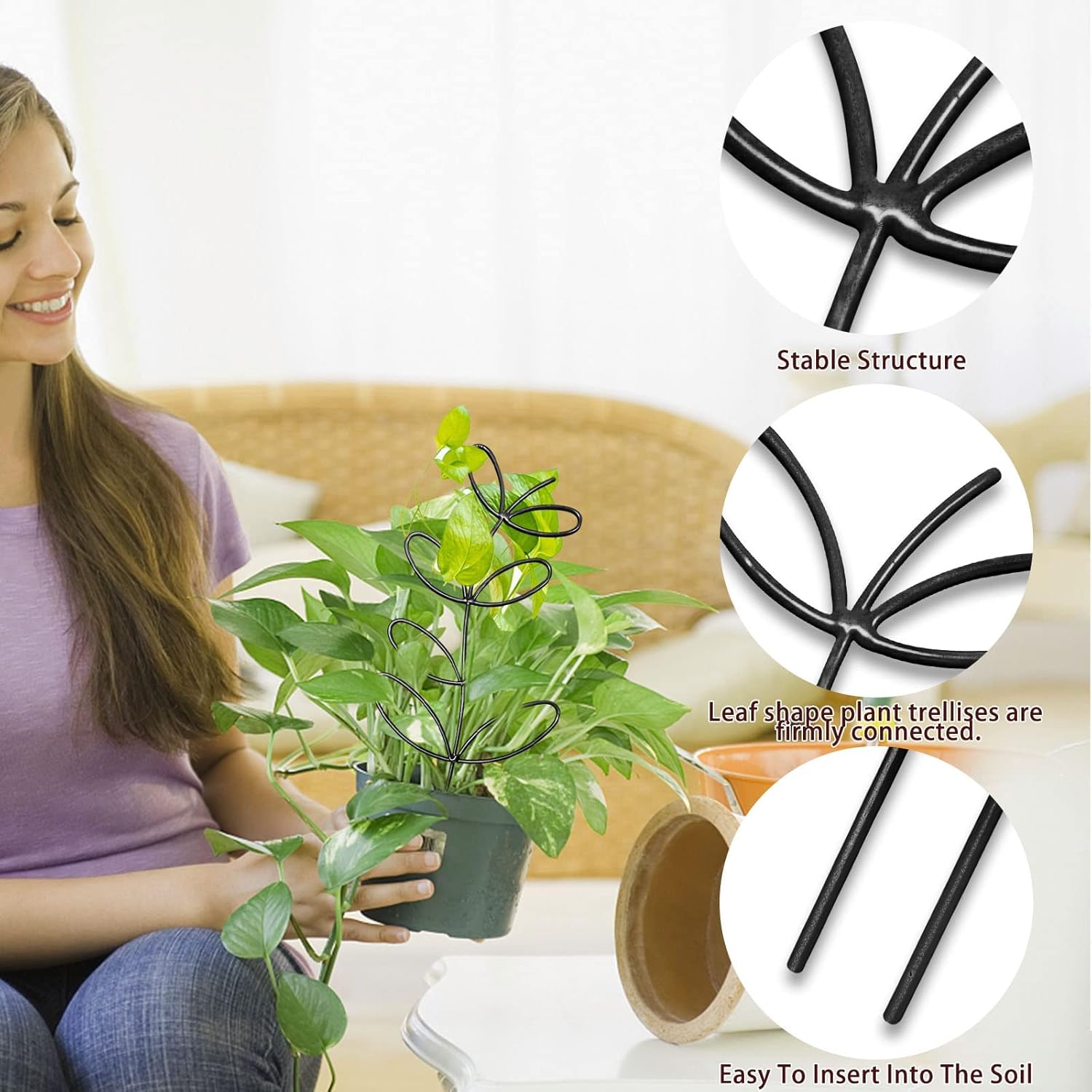 4 Pcs Small Metal Trellis for Potted Plants,Indoor Plants Trellis for Climbing,Leaf Shapes Mini Plant Trellis Support Stake House Plant Trellis for Garden Potted, Hoya, Pothos, Flower, Monstera(Black) - Image 3