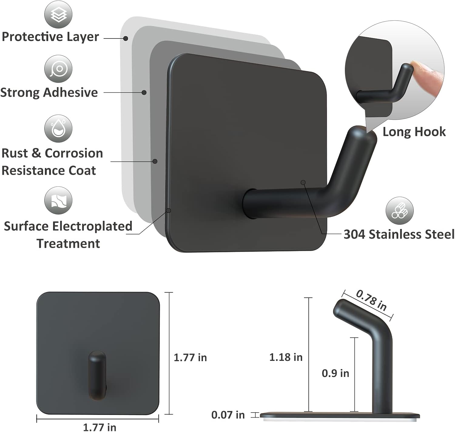 Adhesive Hooks, Heavy Duty Shower Wall Stick on Hooks, Waterproof, 2 Extra Adhesive Strips, Black, 4 Pcs - Image 3