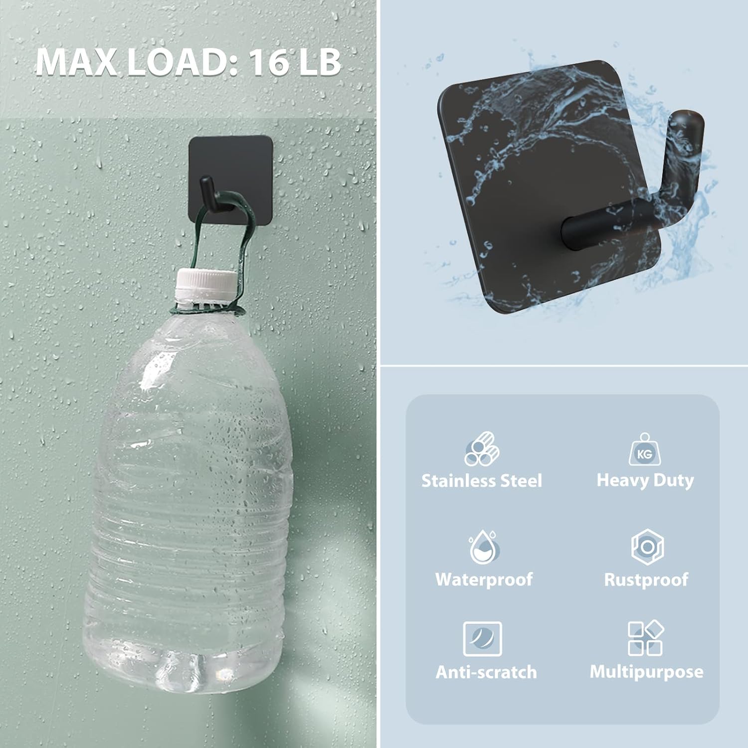 Adhesive Hooks, Heavy Duty Shower Wall Stick on Hooks, Waterproof, 2 Extra Adhesive Strips, Black, 4 Pcs - Image 4