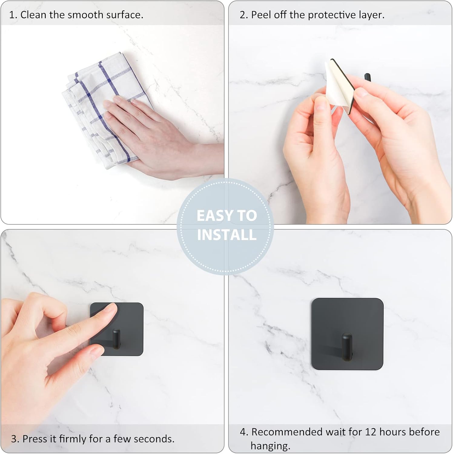 Adhesive Hooks, Heavy Duty Shower Wall Stick on Hooks, Waterproof, 2 Extra Adhesive Strips, Black, 4 Pcs - Image 6
