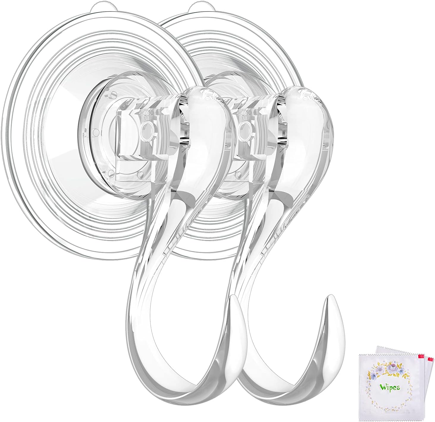 Suction Cup Hooks, Small Shower Suction Hooks with Wipes, Heavy Duty, Removable and Reusable, Clear, 2 Pcs - Image 1