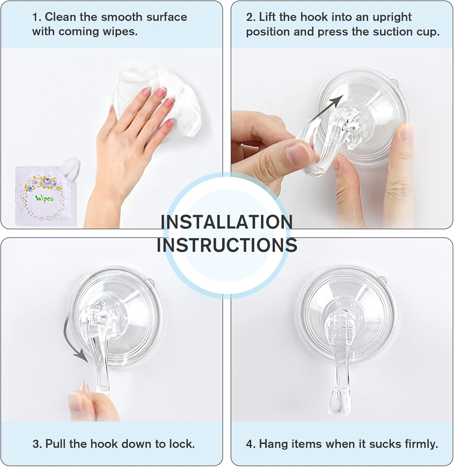 Suction Cup Hooks, Small Shower Suction Hooks with Wipes, Heavy Duty, Removable and Reusable, Clear, 2 Pcs - Image 8