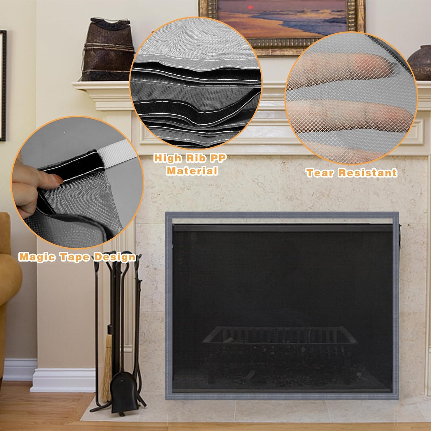 Fireplace Screen Mesh Cover, Magnetic Fireplace Cover Baby Proof Barrier Guard Pet Proof with Magic Tape, Fireplace Doors Mesh Gate Fire Place Cover for The Living Room Decorative, 39