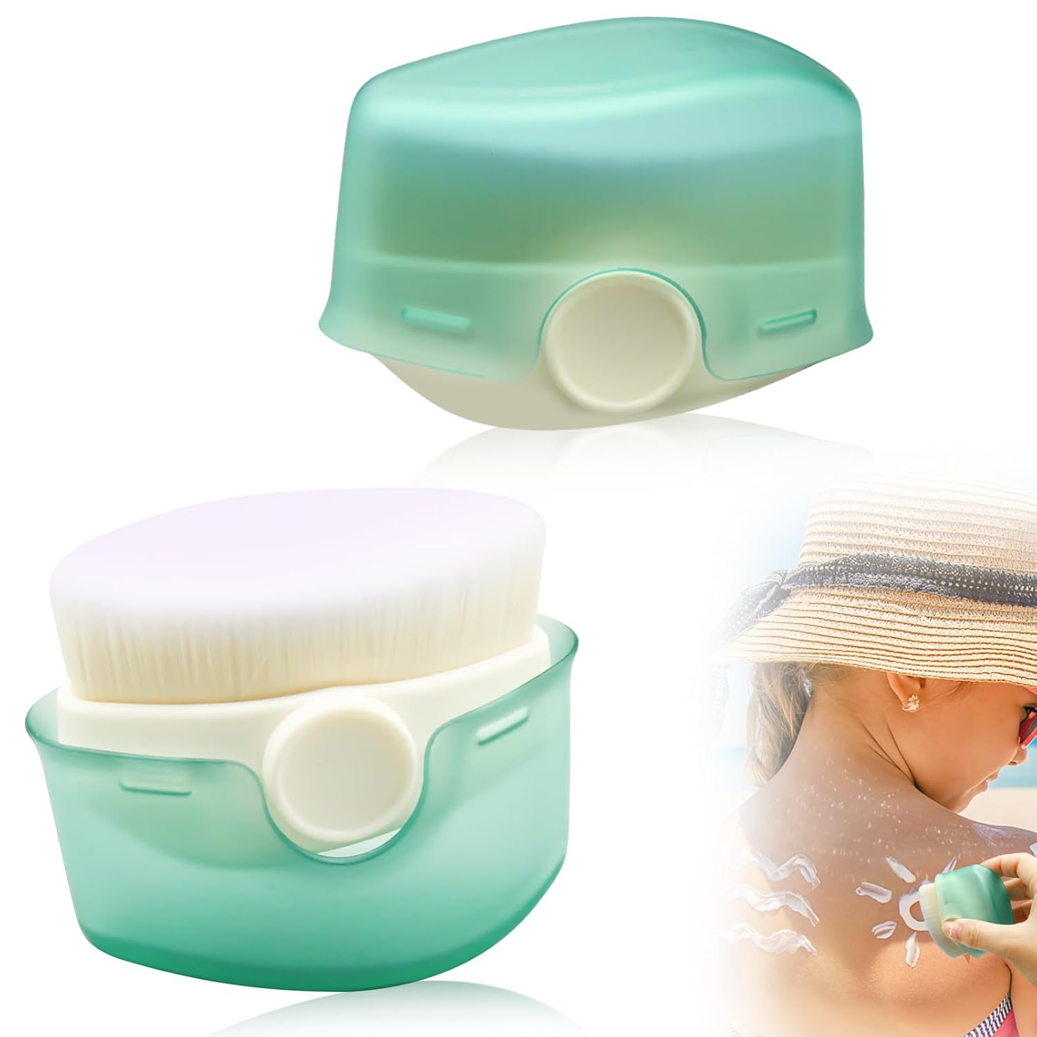 2Pcs Sunscreen Applicator for Kids, Sunscreen Brush Sunblock Applicator for Kids, Sun Lotion Applicator Kids Sunscreen Applicator with Protective Caps, Sun Cream Brush for Outdoor Travel (Green) - Image 1