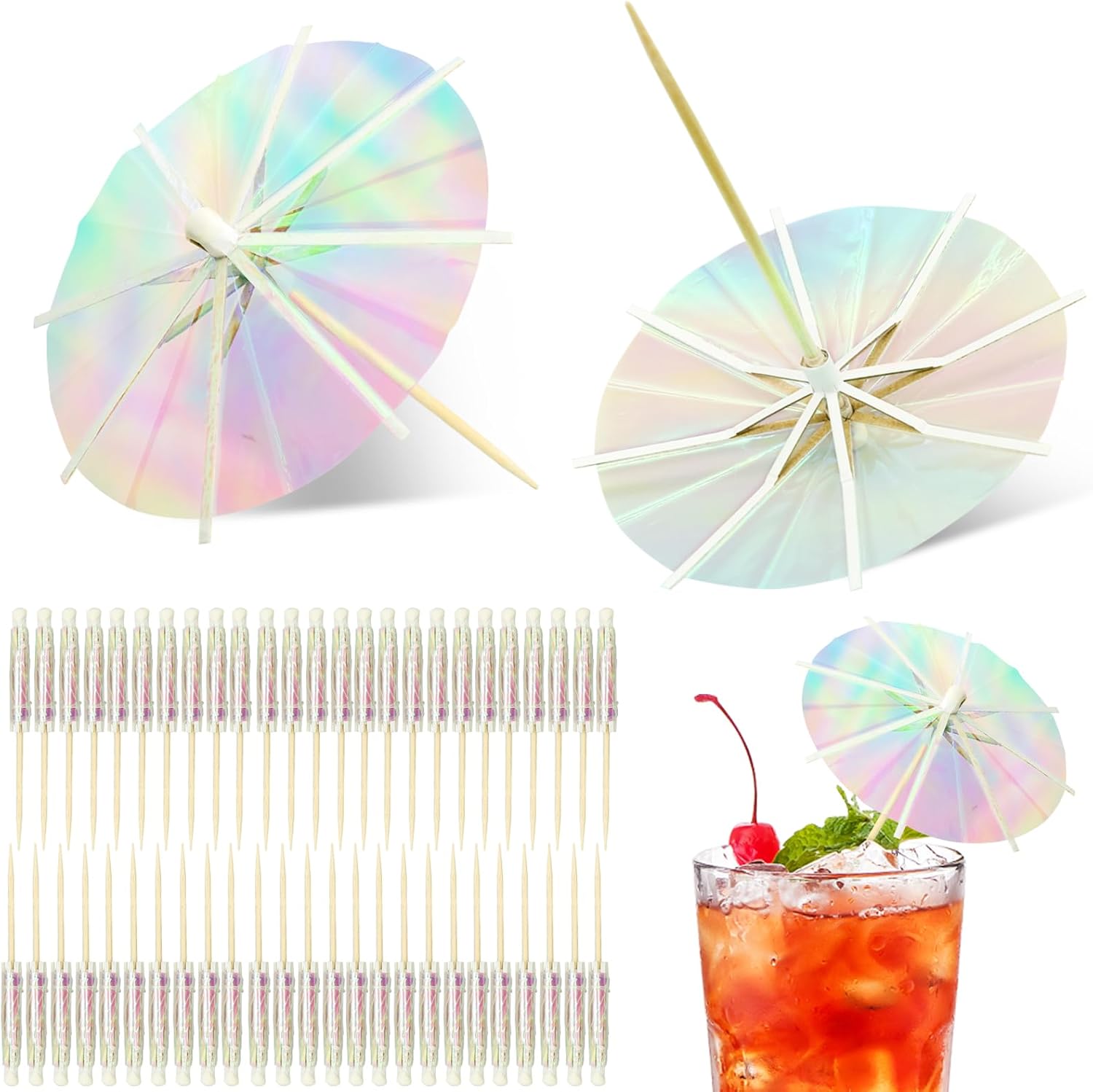 50Pcs Drink Umbrellas Cocktail Picks, Umbrella Drinks Sticks Wood Toothpicks Cocktail Umbrellas for Drinks Cupcake Appetizers, Umbrella Sticks Drink Toppers Party Decoration Supplies(Fluorescent) - Image 1