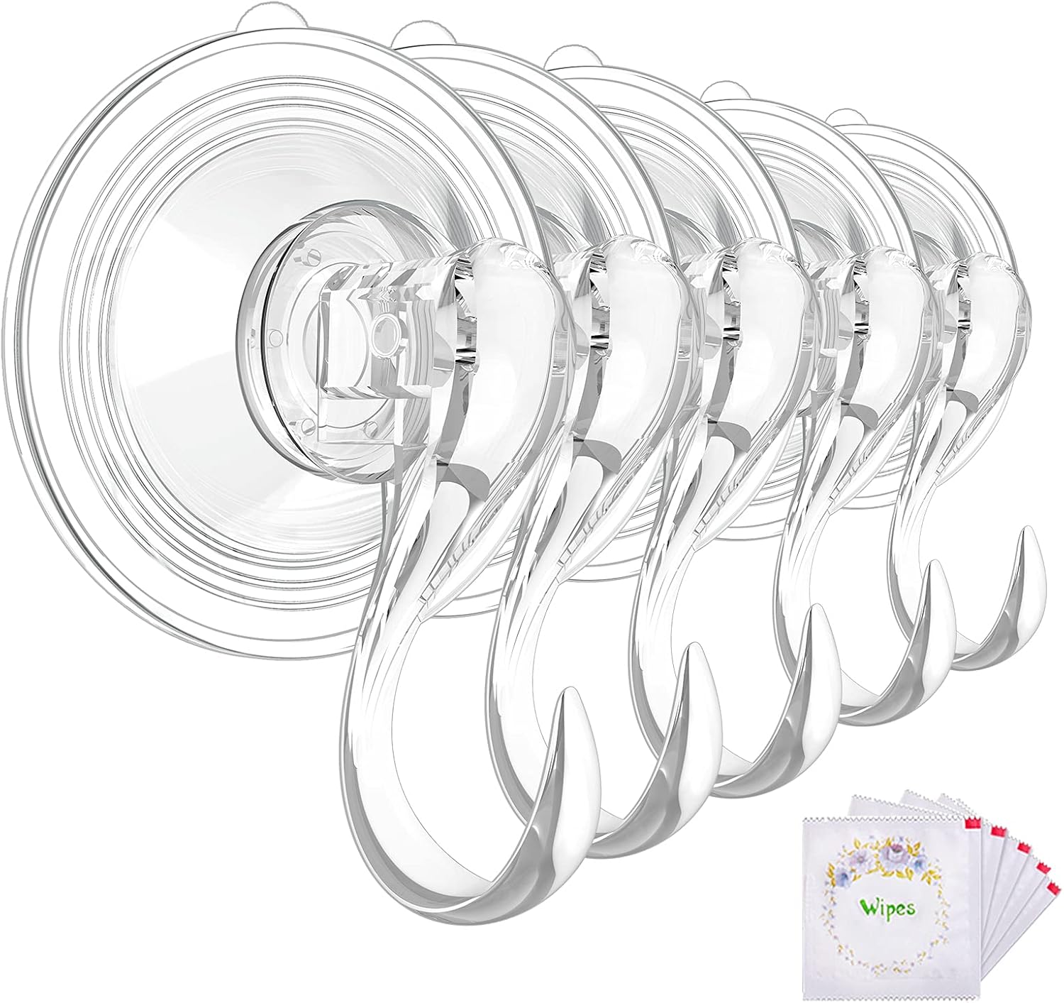 Large Suction Cup Hooks with Wipes, Heavy Duty, Removable and Reusable, Clear, 5 Pcs - Image 1
