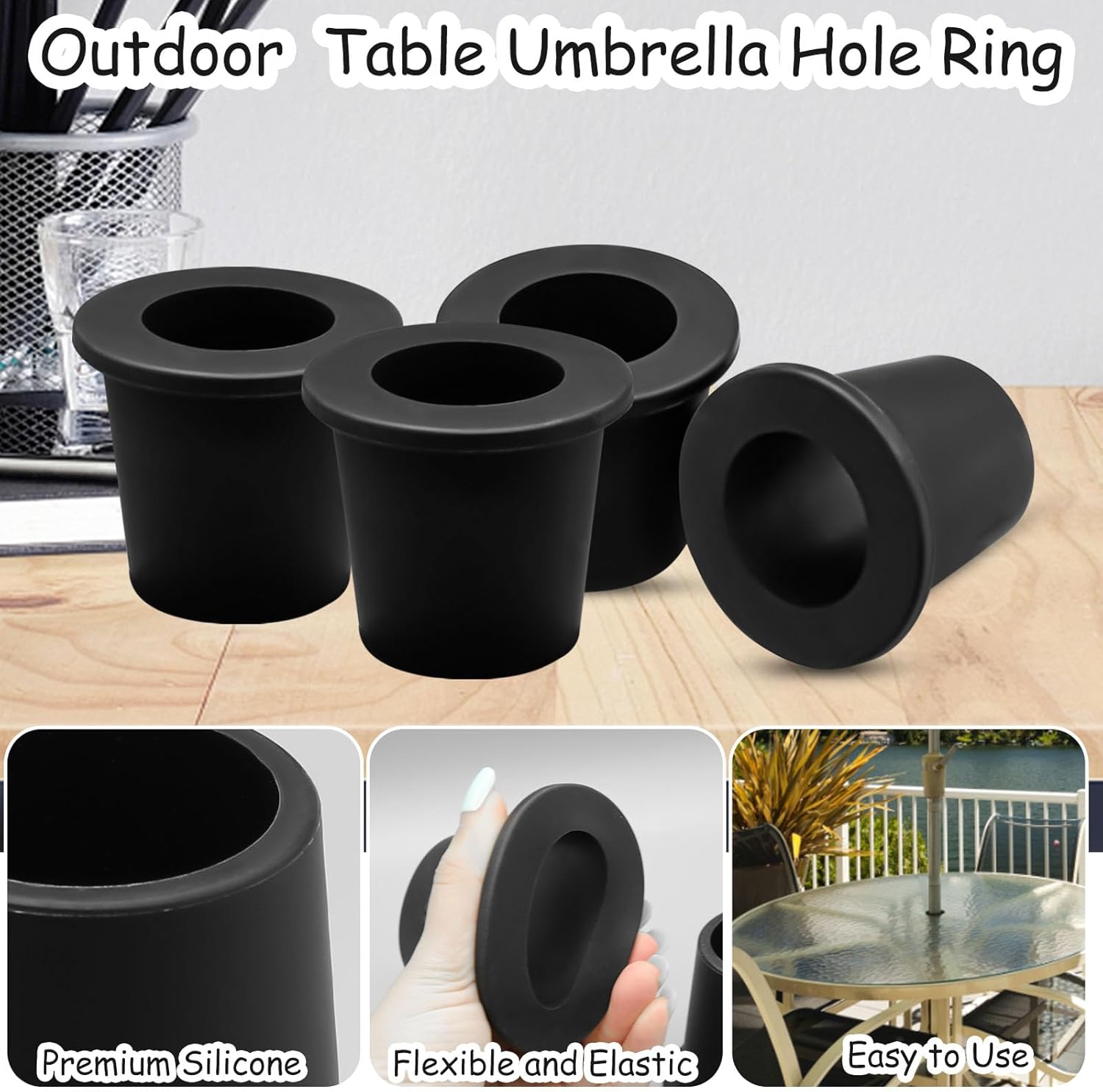 4Pcs Patio Table Umbrella Hole Ring Plug, Silicone Pool Umbrella Sleeve Stabilizer Cone Wedge, Umbrella Table Ring Hole Insert for 2-2.5 Inch Table Hole or 1.5 Inch Pool Umbrella Adapter (Black) - Image 2