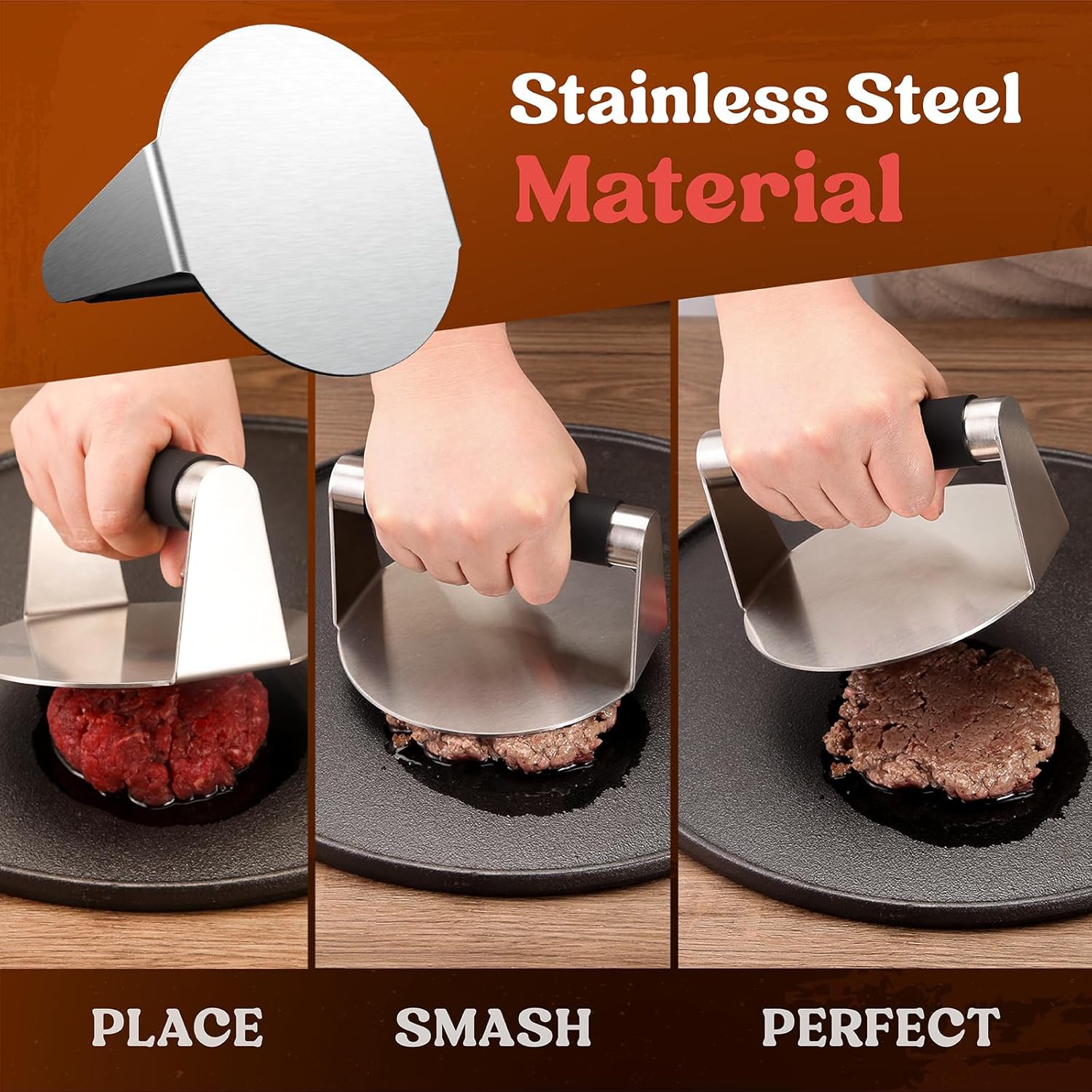 Smash Burger Press, Hamburger Smasher Tool for Griddle, Stainless Steel Ham Patty Press with Anti-Scald Handle, 5.5