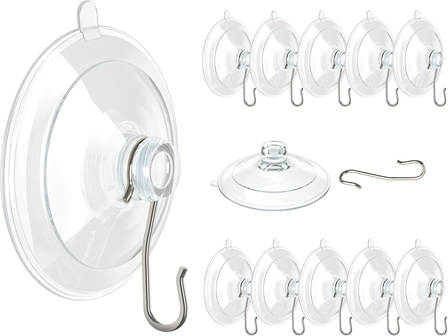 Suction Cup Hooks, 1.77 Inch Small Window Suction Cups with Metal Hooks, Removable and Reusable, Clear, 12 Pcs - Image 1