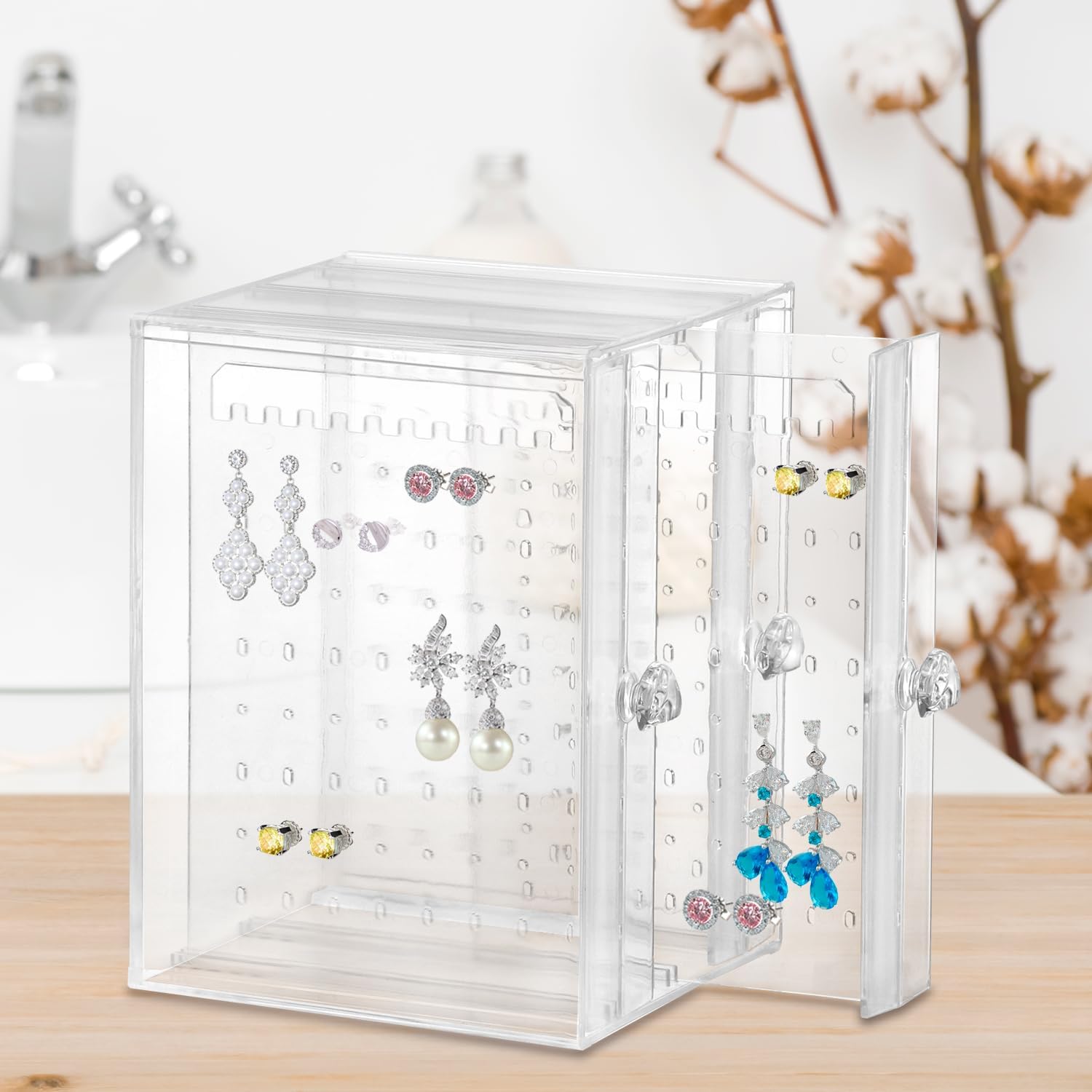 Clear Acrylic Jewelry Storage Box - Earring Display Stand Holder with 3 Vertical Slide-Out Drawers, 216 Earring Holes & 36 Necklace Grooves - Image 2