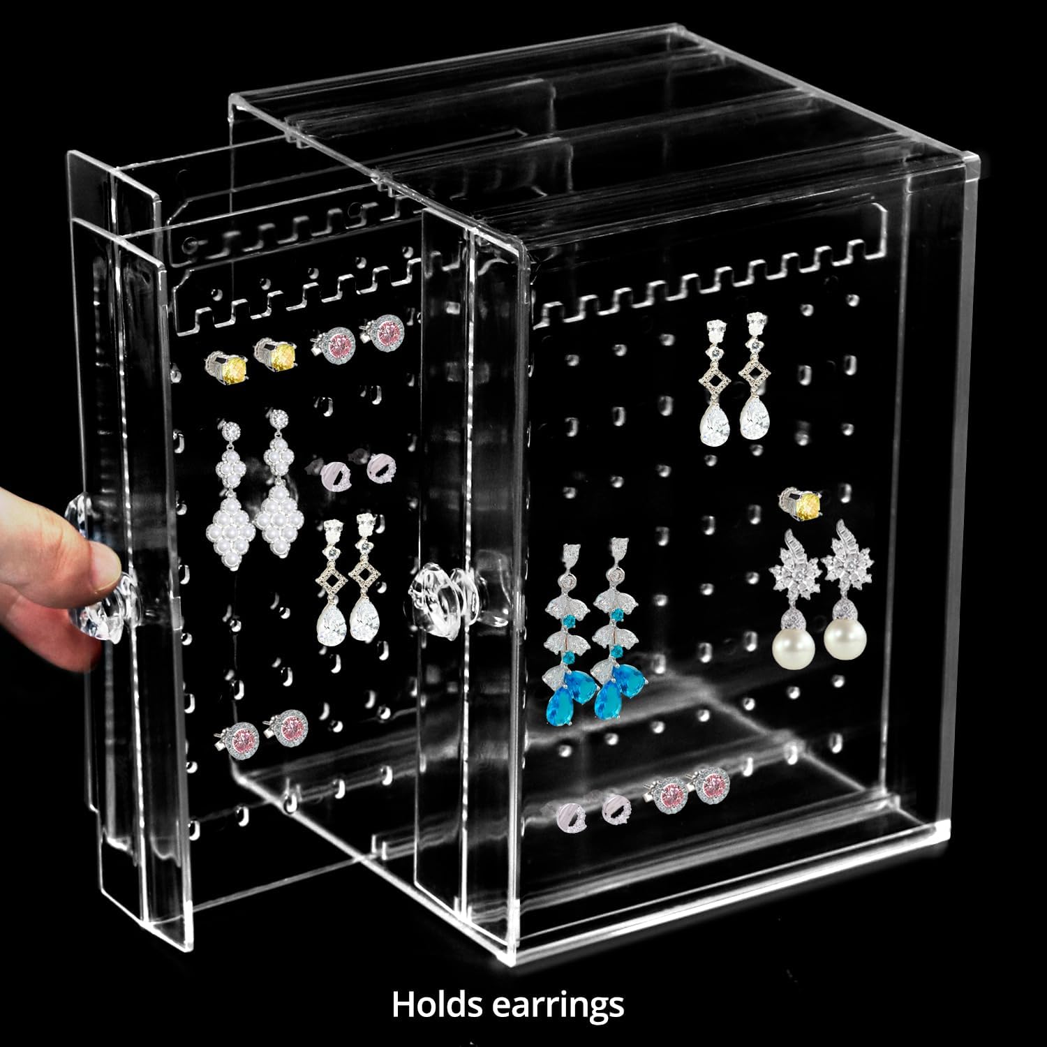 Clear Acrylic Jewelry Storage Box - Earring Display Stand Holder with 3 Vertical Slide-Out Drawers, 216 Earring Holes & 36 Necklace Grooves - Image 4