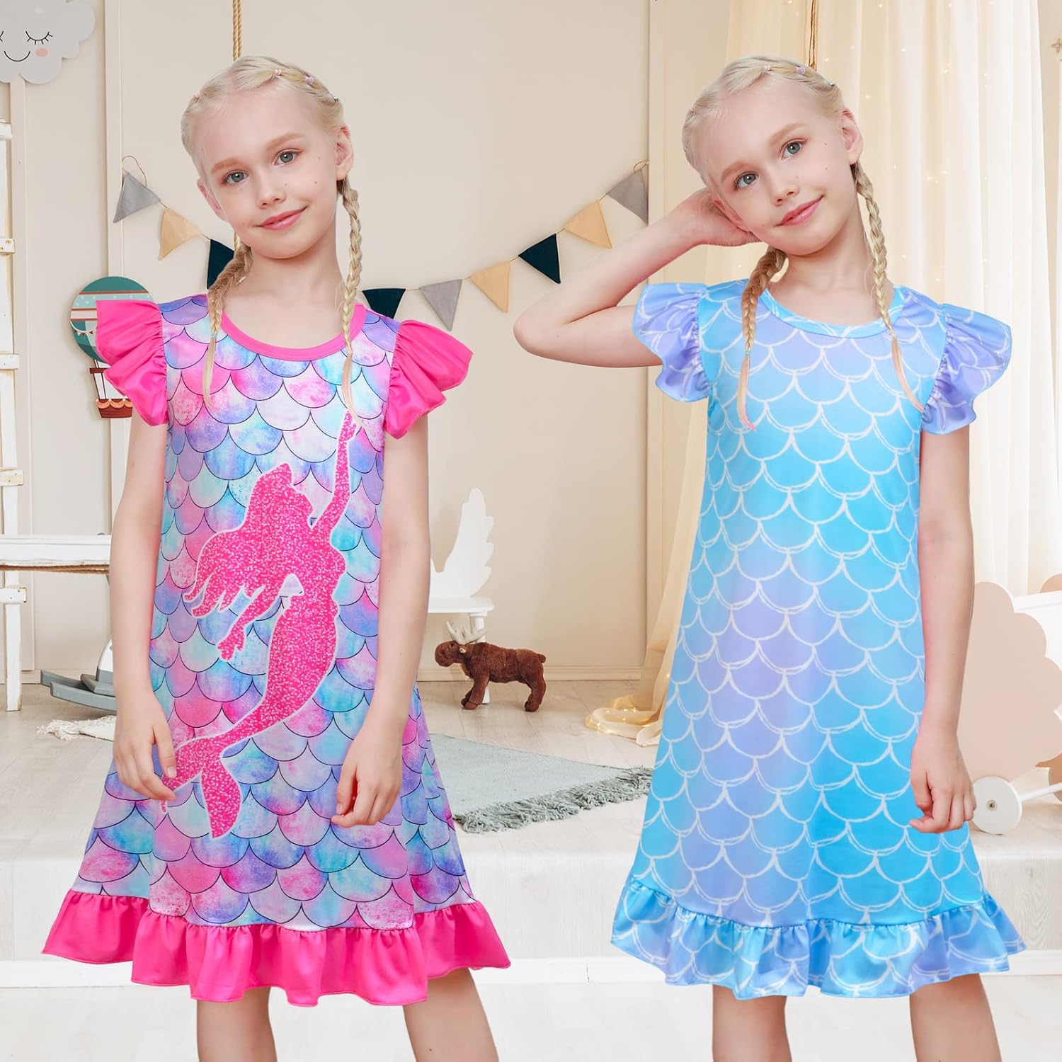 2pcs Girls Nightgowns Unicorn Mermaid Pajamas for Toddler Girls Princess Nightgown Sleepwear for Kids 3-9 Years - Image 2
