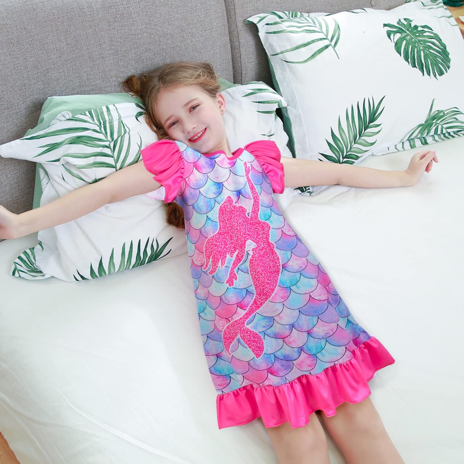 2pcs Girls Nightgowns Unicorn Mermaid Pajamas for Toddler Girls Princess Nightgown Sleepwear for Kids 3-9 Years - Image 3