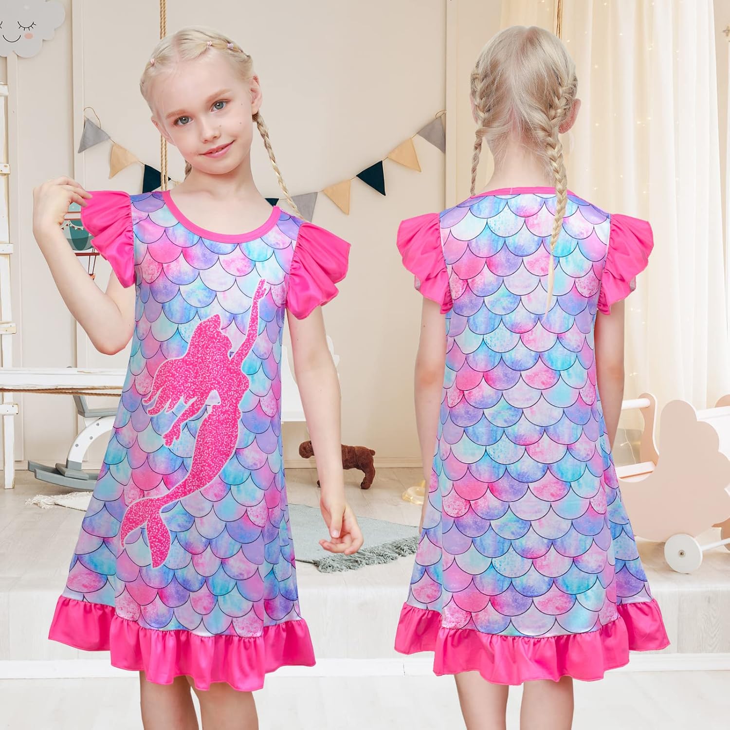 2pcs Girls Nightgowns Unicorn Mermaid Pajamas for Toddler Girls Princess Nightgown Sleepwear for Kids 3-9 Years - Image 6