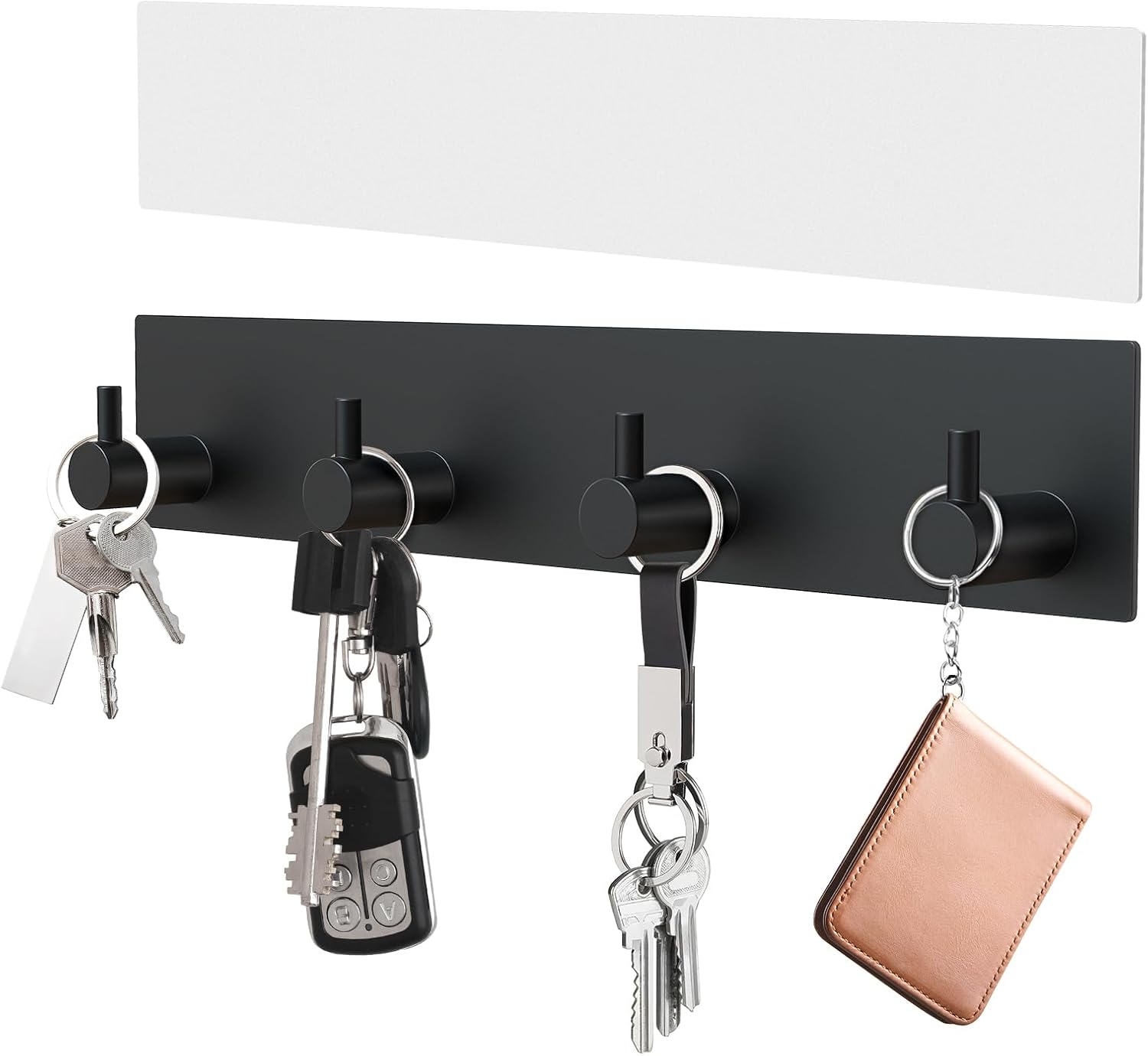 Key Holder Wall Mount, Large Metal Self Adhesive Key Hanger with 4 Hooks, No Drilling, Extra Adhesive Strip, Black - Image 1