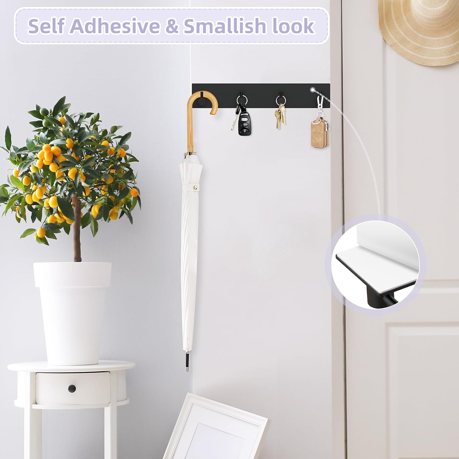 Key Holder Wall Mount, Large Metal Self Adhesive Key Hanger with 4 Hooks, No Drilling, Extra Adhesive Strip, Black - Image 2