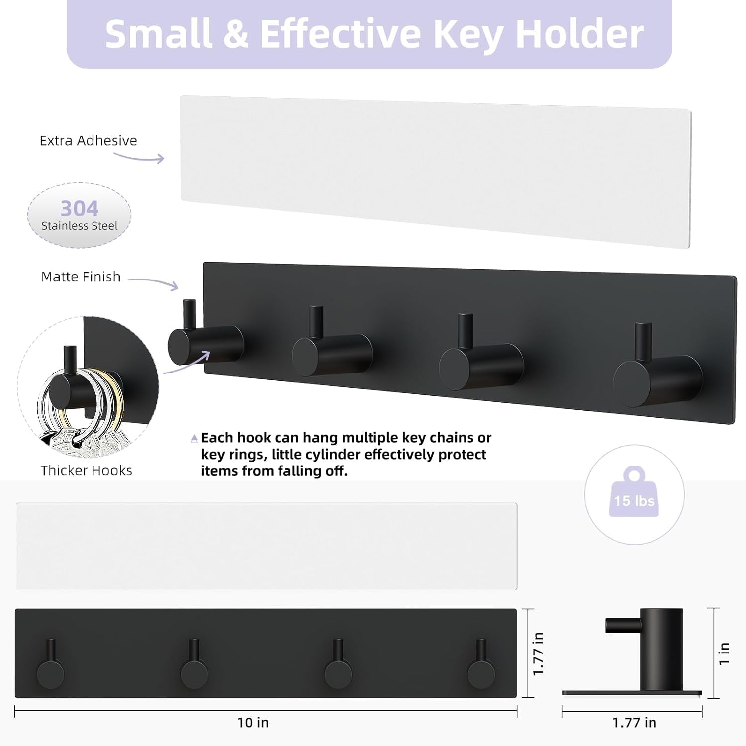 Key Holder Wall Mount, Large Metal Self Adhesive Key Hanger with 4 Hooks, No Drilling, Extra Adhesive Strip, Black - Image 3