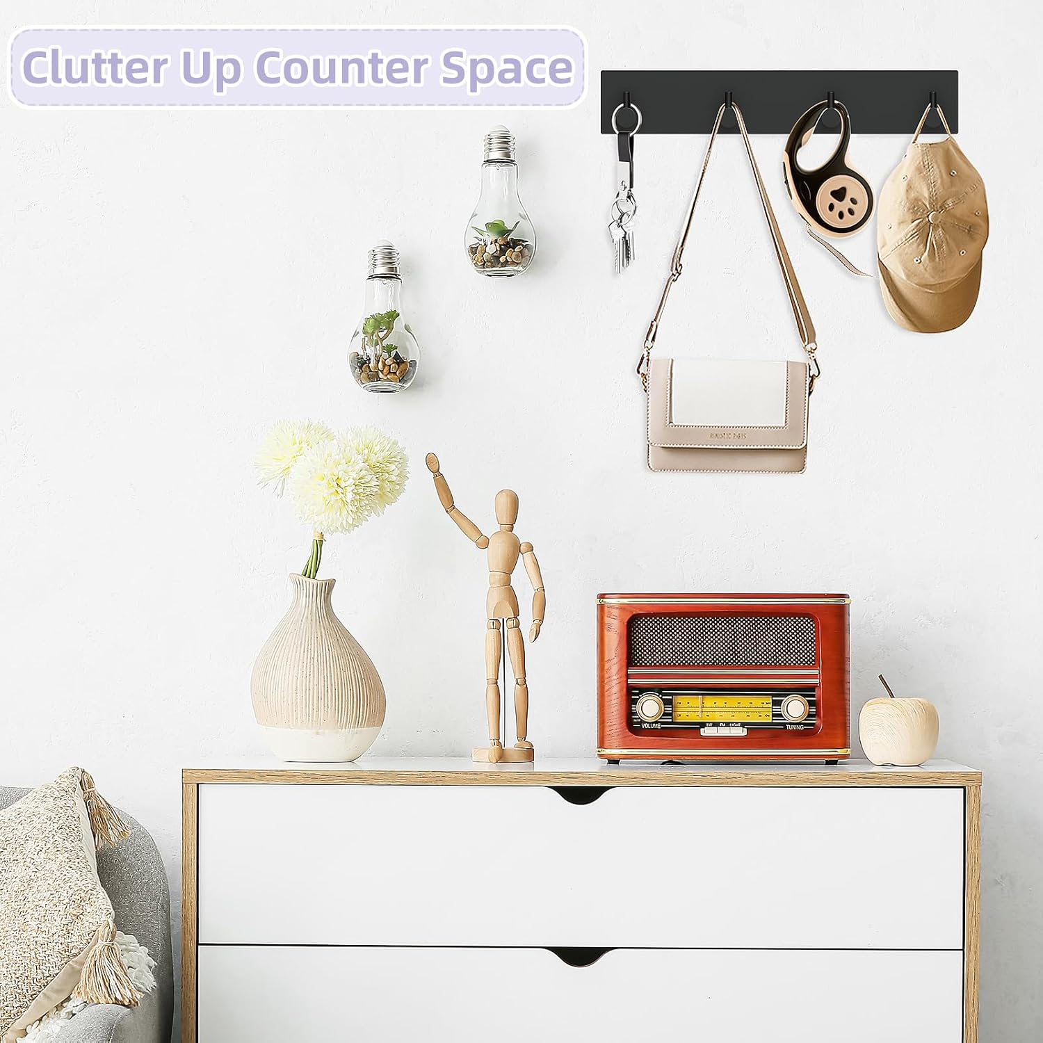 Key Holder Wall Mount, Large Metal Self Adhesive Key Hanger with 4 Hooks, No Drilling, Extra Adhesive Strip, Black - Image 4
