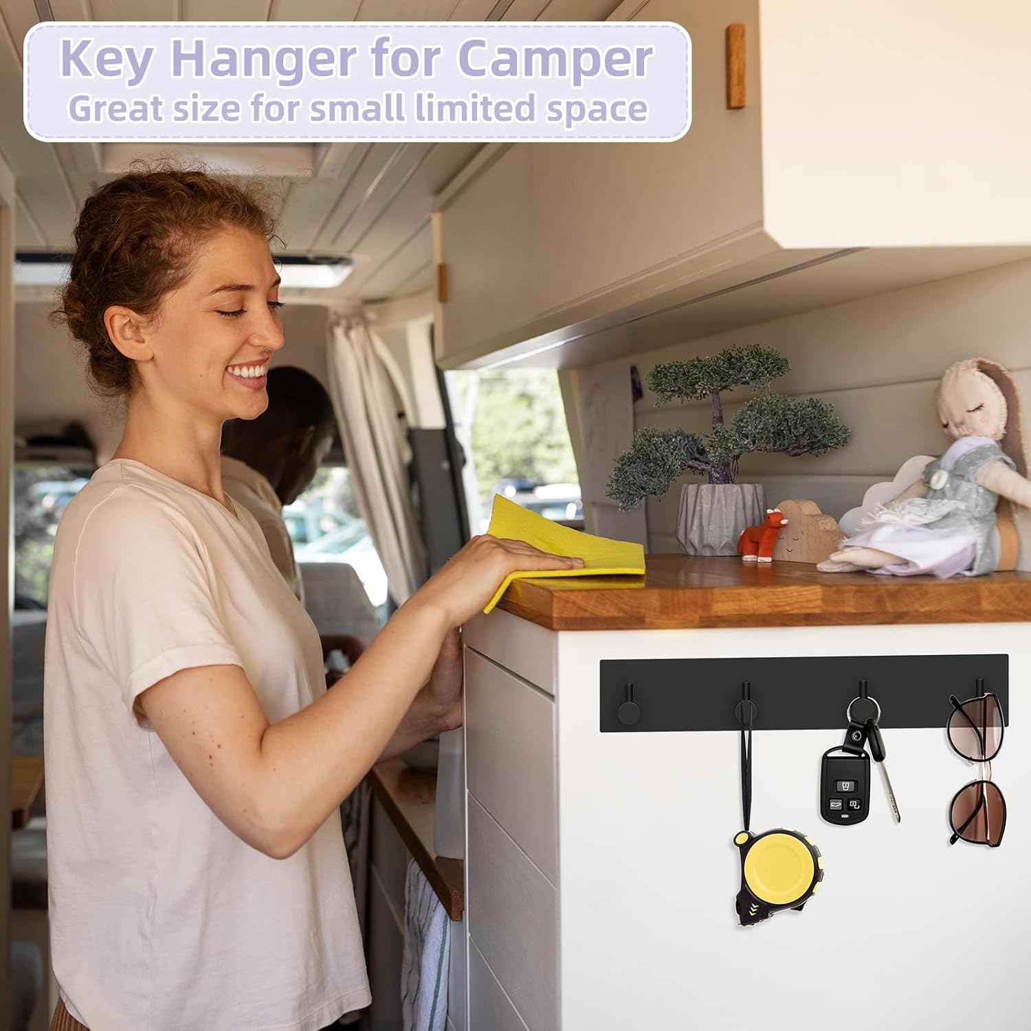 Key Holder Wall Mount, Large Metal Self Adhesive Key Hanger with 4 Hooks, No Drilling, Extra Adhesive Strip, Black - Image 5