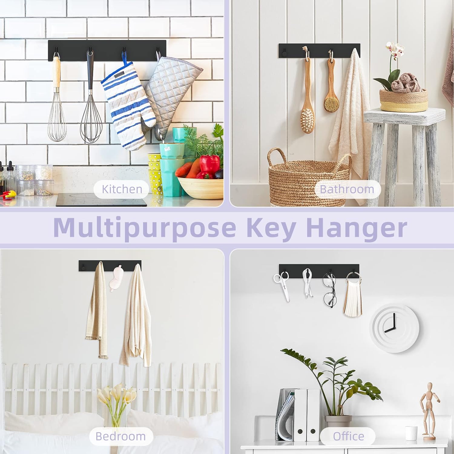 Key Holder Wall Mount, Large Metal Self Adhesive Key Hanger with 4 Hooks, No Drilling, Extra Adhesive Strip, Black - Image 6