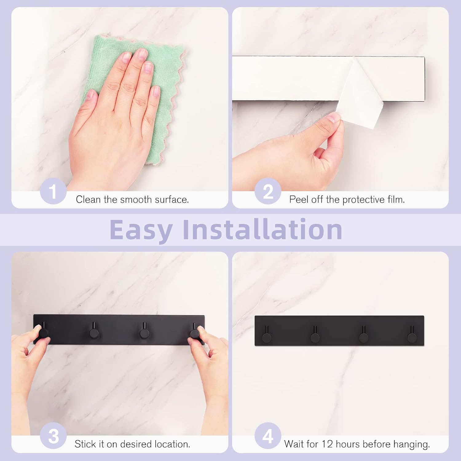 Key Holder Wall Mount, Large Metal Self Adhesive Key Hanger with 4 Hooks, No Drilling, Extra Adhesive Strip, Black - Image 7