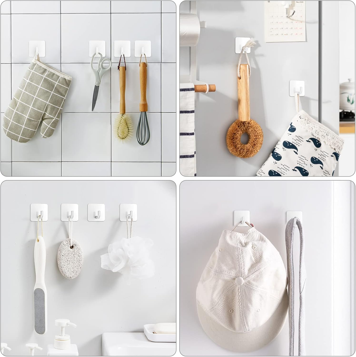 Adhesive Hooks, Metal Shower Wall Stick on Hooks, Waterproof, 2 Extra Adhesive Strips, White, 4 Pcs - Image 2