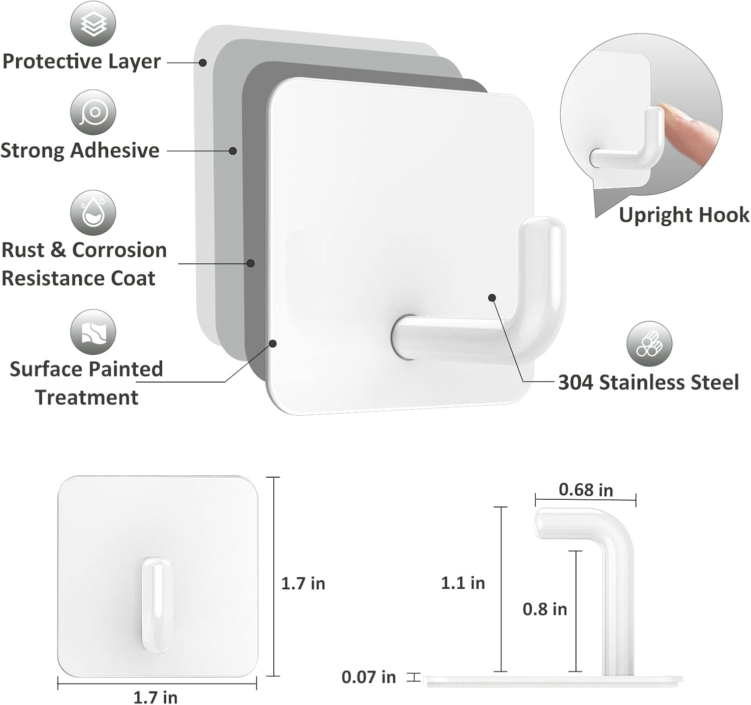 Adhesive Hooks, Metal Shower Wall Stick on Hooks, Waterproof, 2 Extra Adhesive Strips, White, 4 Pcs - Image 3