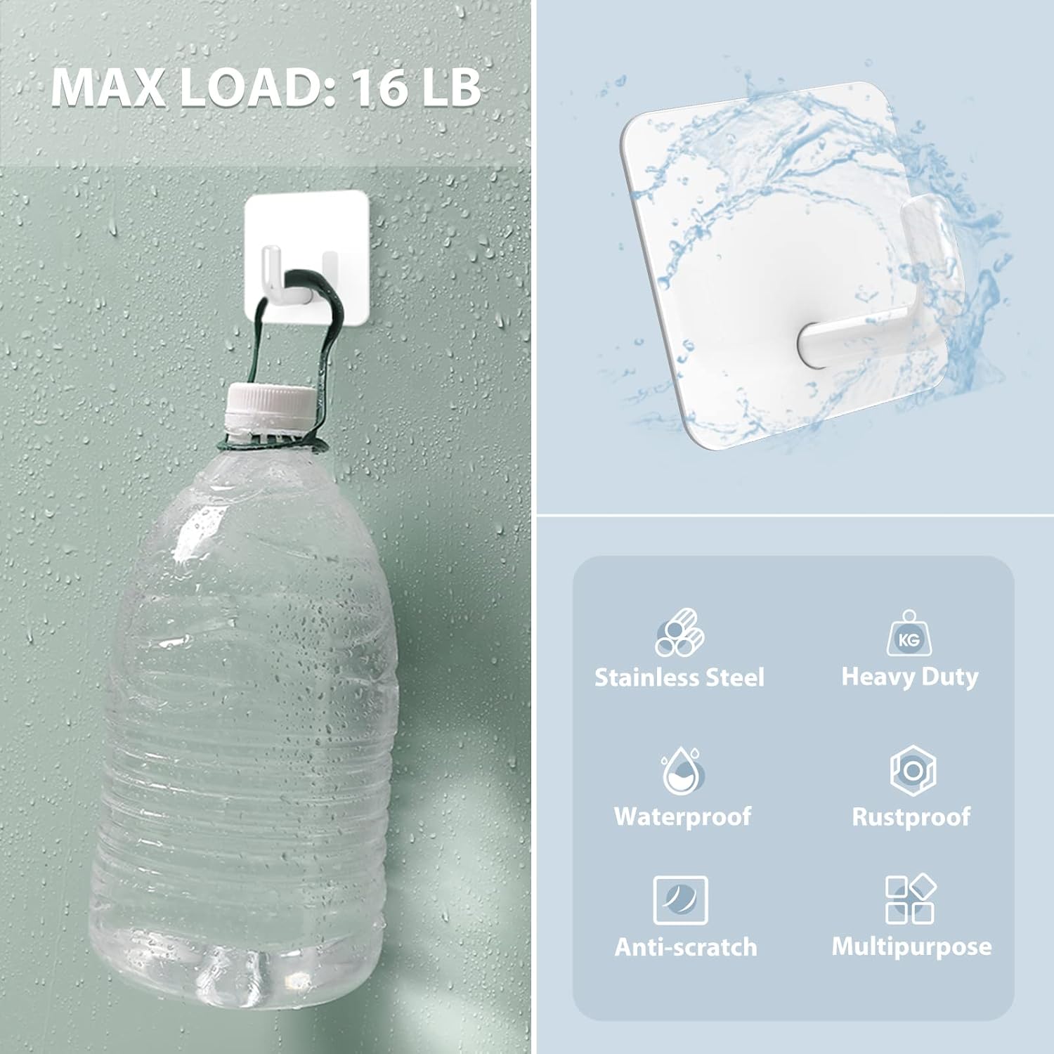 Adhesive Hooks, Metal Shower Wall Stick on Hooks, Waterproof, 2 Extra Adhesive Strips, White, 4 Pcs - Image 4