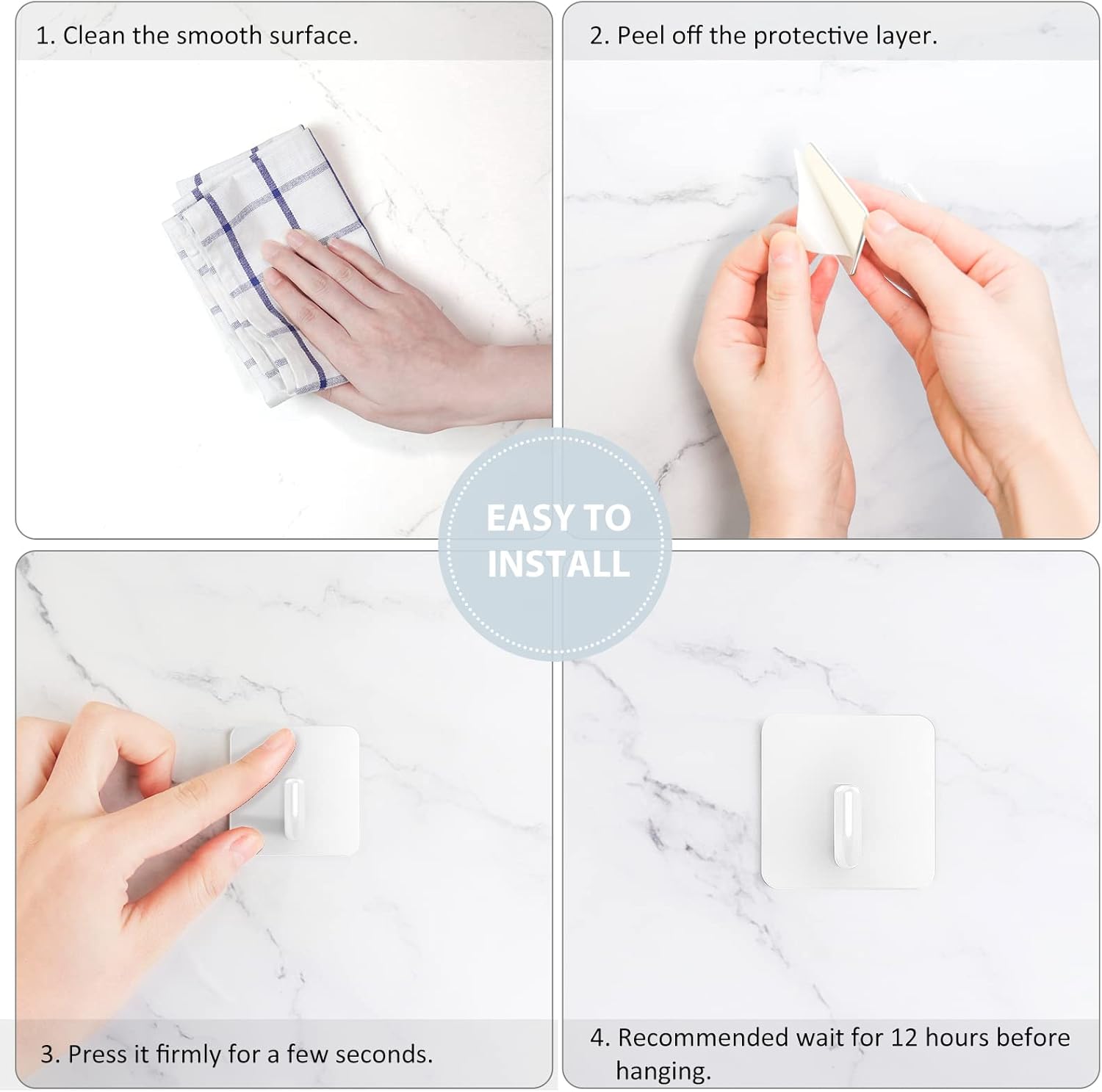 Adhesive Hooks, Metal Shower Wall Stick on Hooks, Waterproof, 2 Extra Adhesive Strips, White, 4 Pcs - Image 6