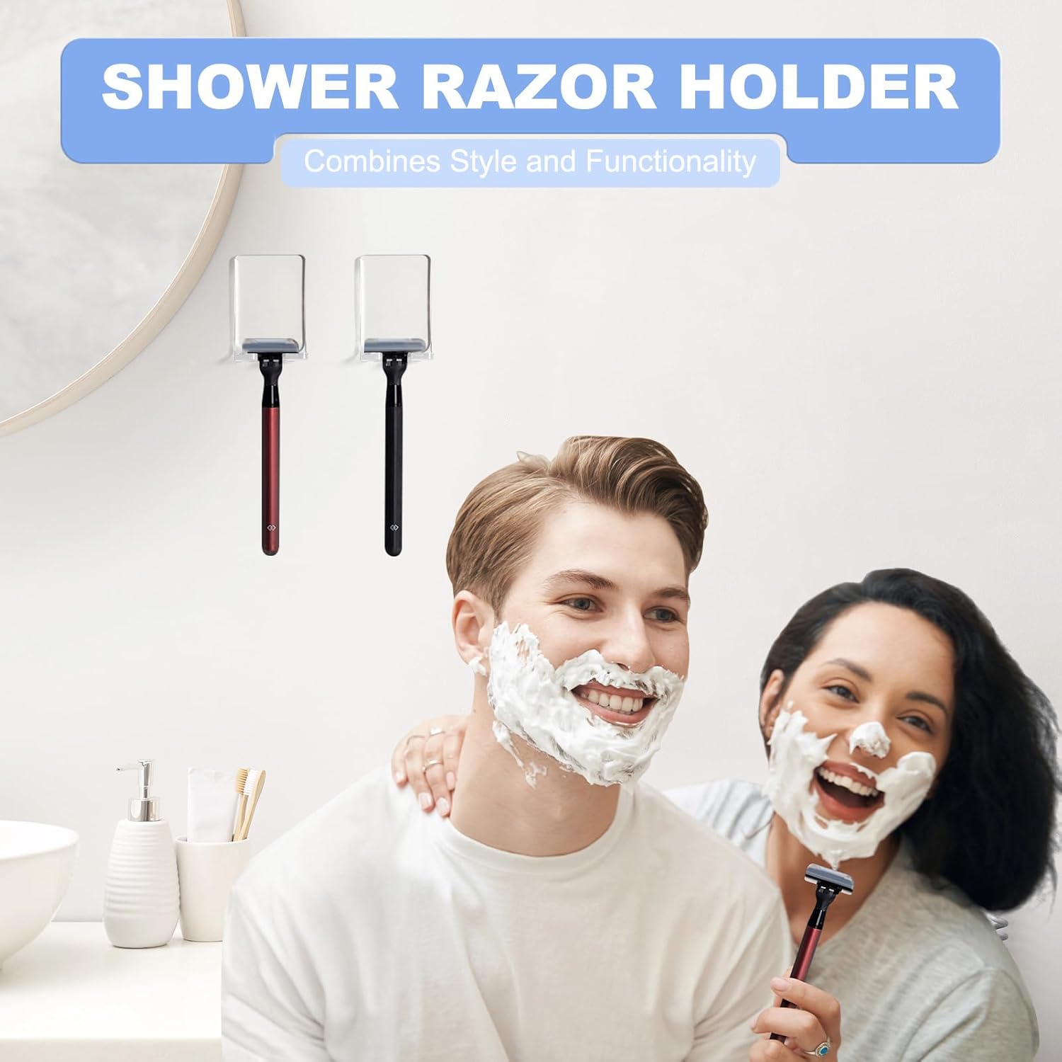 Adhesive Razor Holder, Wall Mount Shower Razor Hooks for His and Hers, Acrylic, Waterproof, Clear, 2 Pcs - Image 2