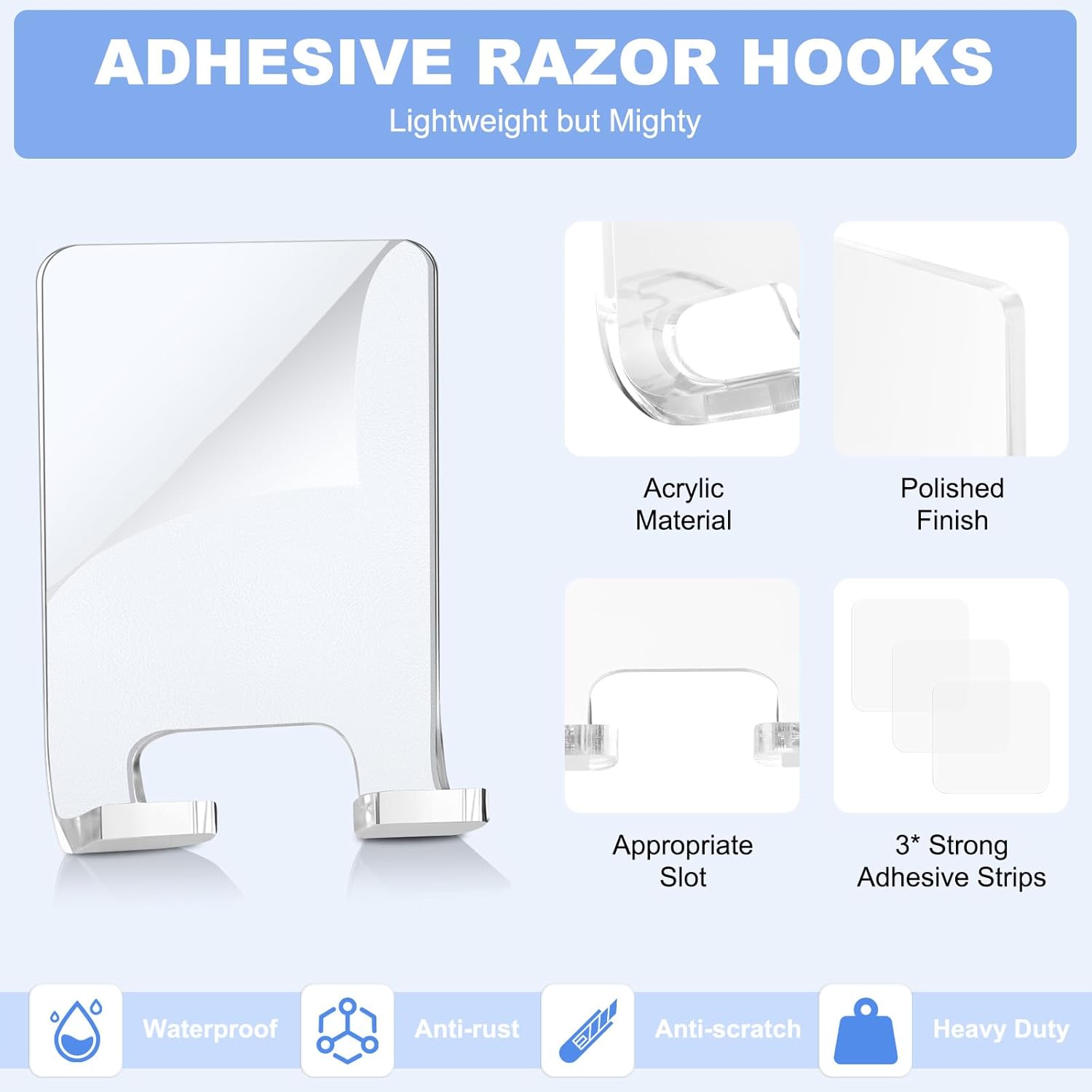 Adhesive Razor Holder, Wall Mount Shower Razor Hooks for His and Hers, Acrylic, Waterproof, Clear, 2 Pcs - Image 3