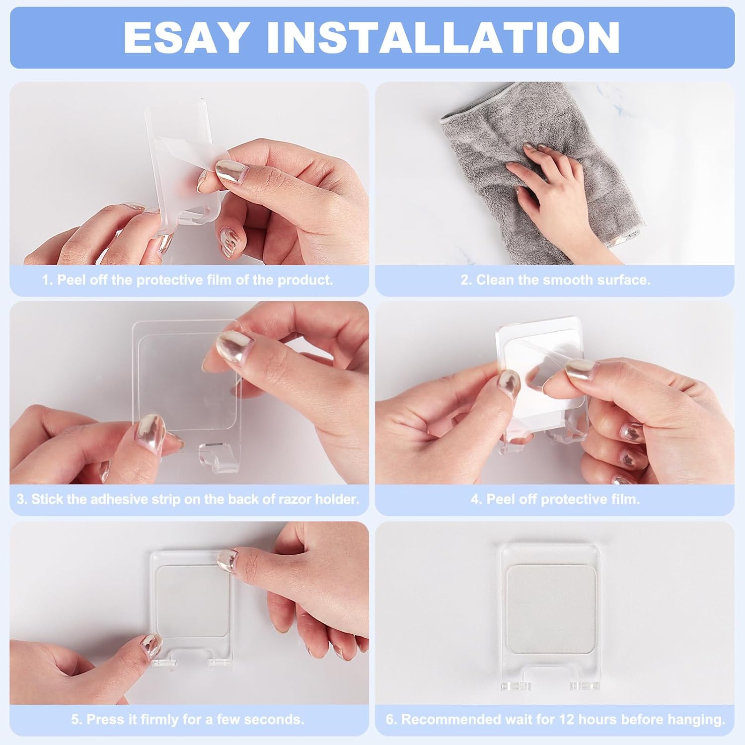 Adhesive Razor Holder, Wall Mount Shower Razor Hooks for His and Hers, Acrylic, Waterproof, Clear, 2 Pcs - Image 6