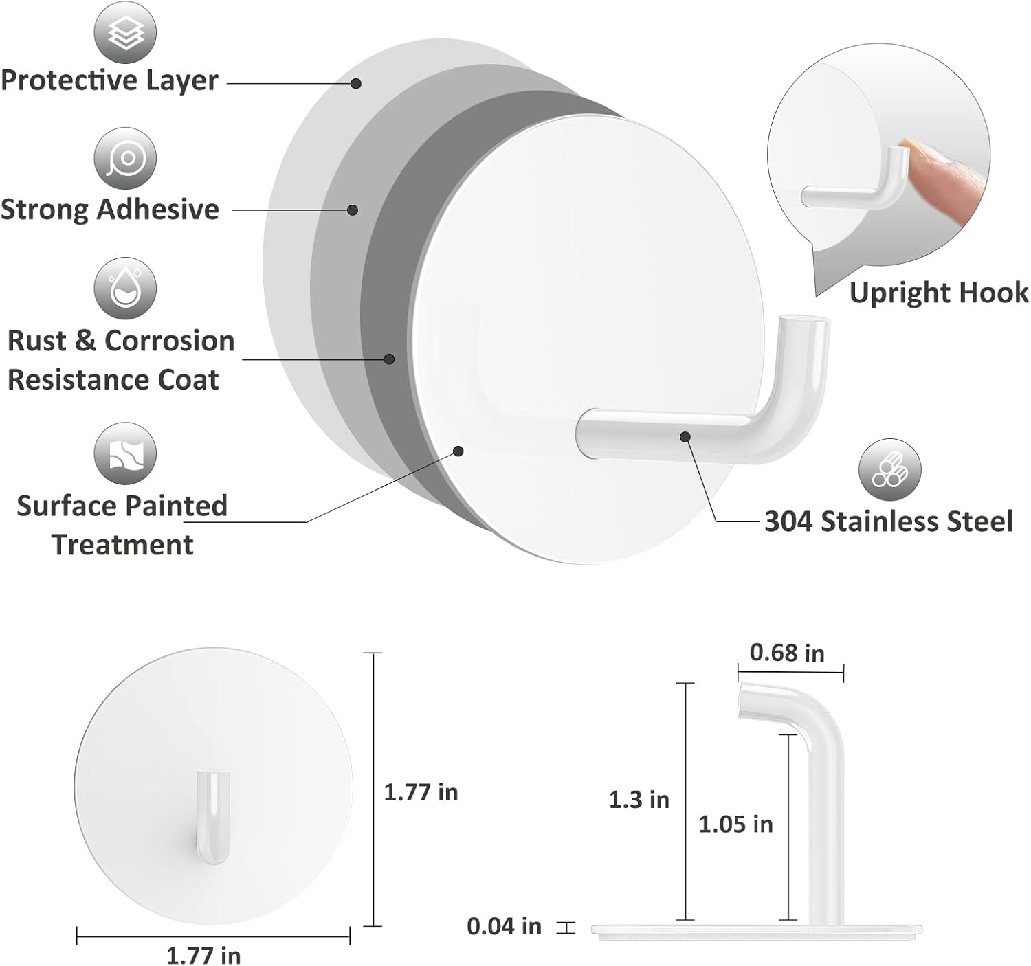 Adhesive Hooks, Small Metal Shower Wall Stick on Hooks, Waterproof, 2 Extra Adhesive Strips, Round, White, 4 Pcs - Image 3