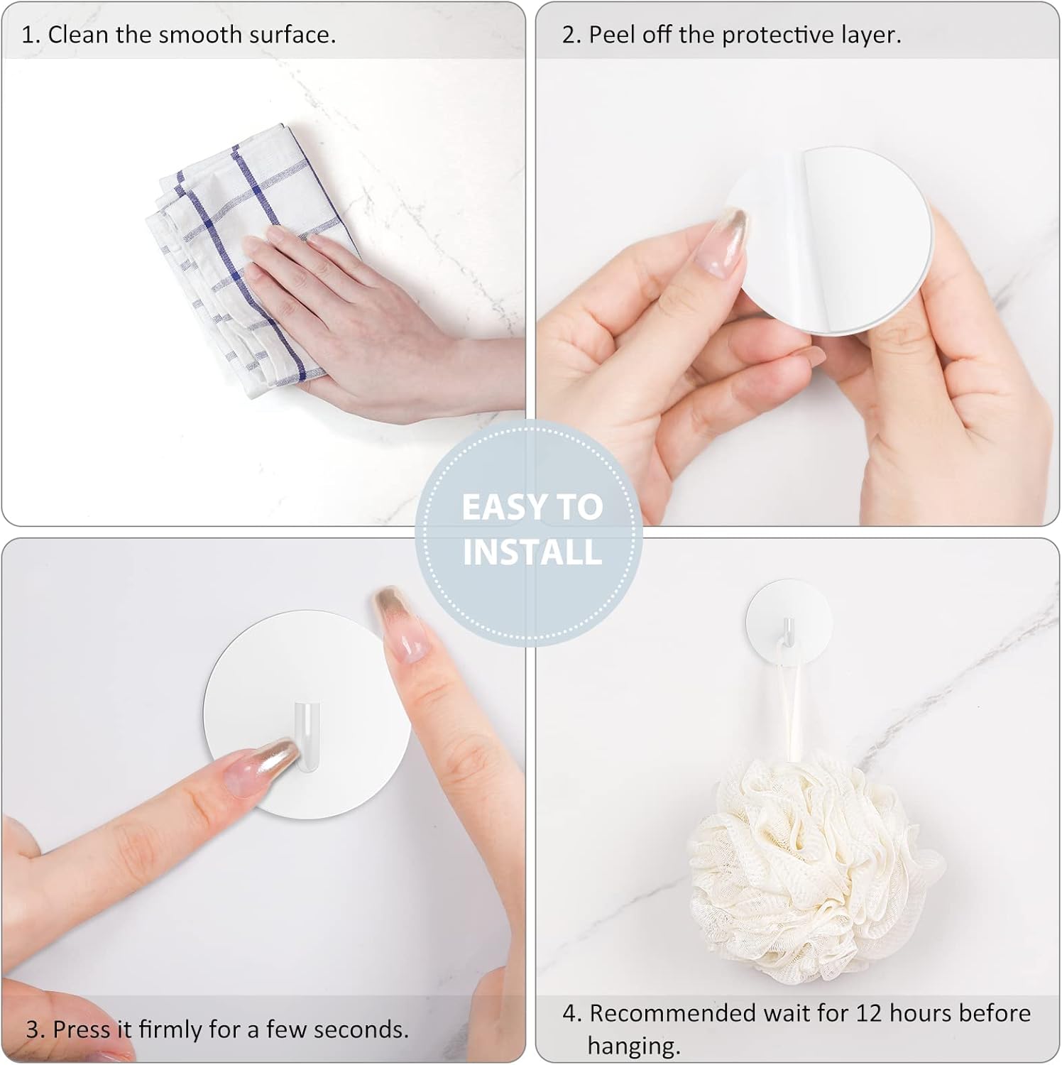 Adhesive Hooks, Small Metal Shower Wall Stick on Hooks, Waterproof, 2 Extra Adhesive Strips, Round, White, 4 Pcs - Image 6