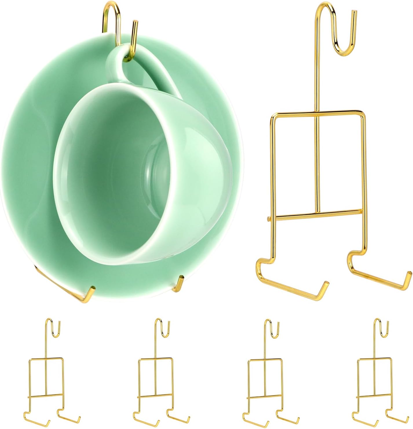 6 Pack Gold Tea Cup and Saucer Display Stand Holder Rack for China Coffee Mugs Organizer – Teacup Easel for Kitchen, Dining Room, and Curio Cabinet Displays - Image 1