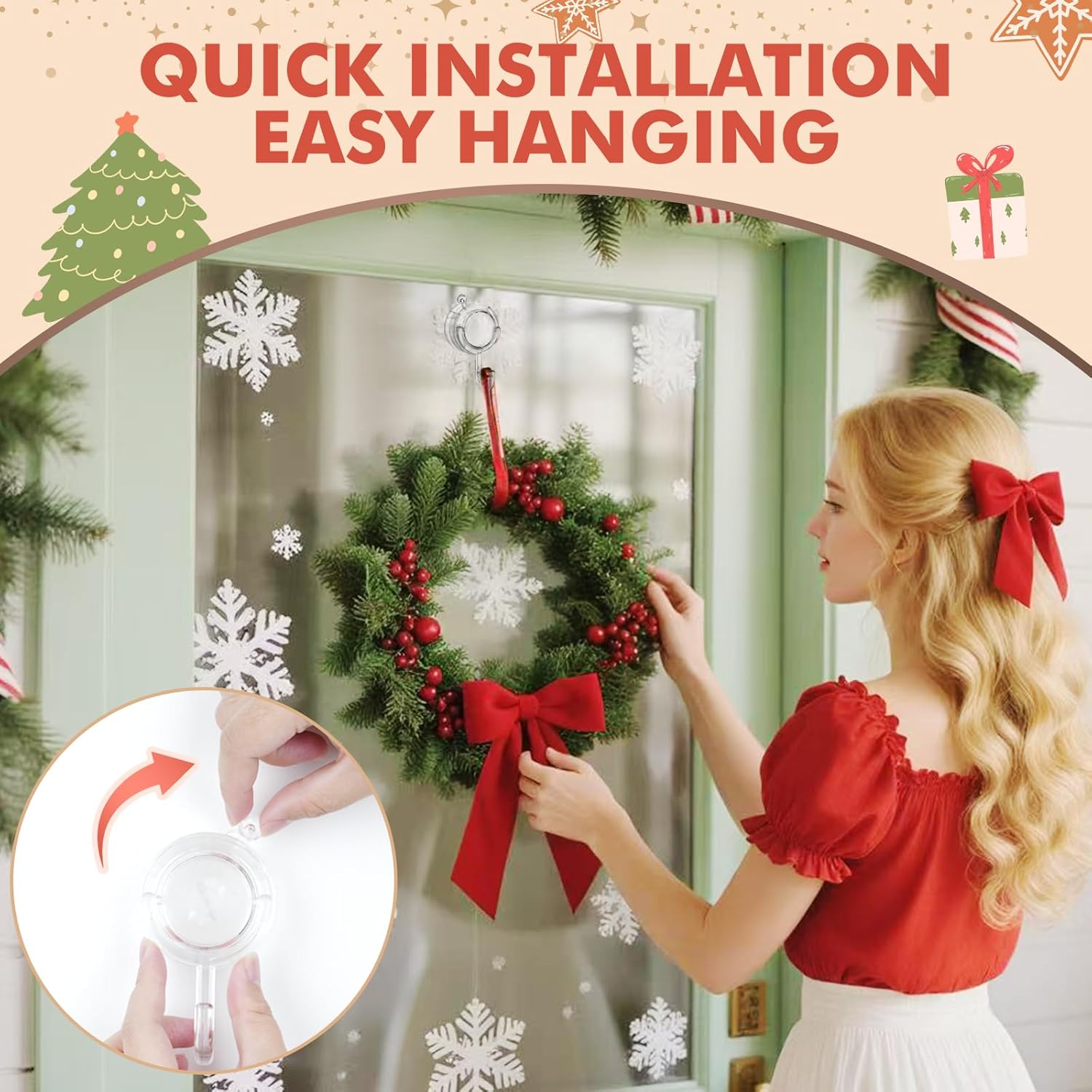 Wreath Hanger, Large Twist Lock Suction Cup Wreath Hooks, Heavy Duty, 22 LB Capacity, Removable and Reusable, Round, Clear, 2 Pcs - Image 3
